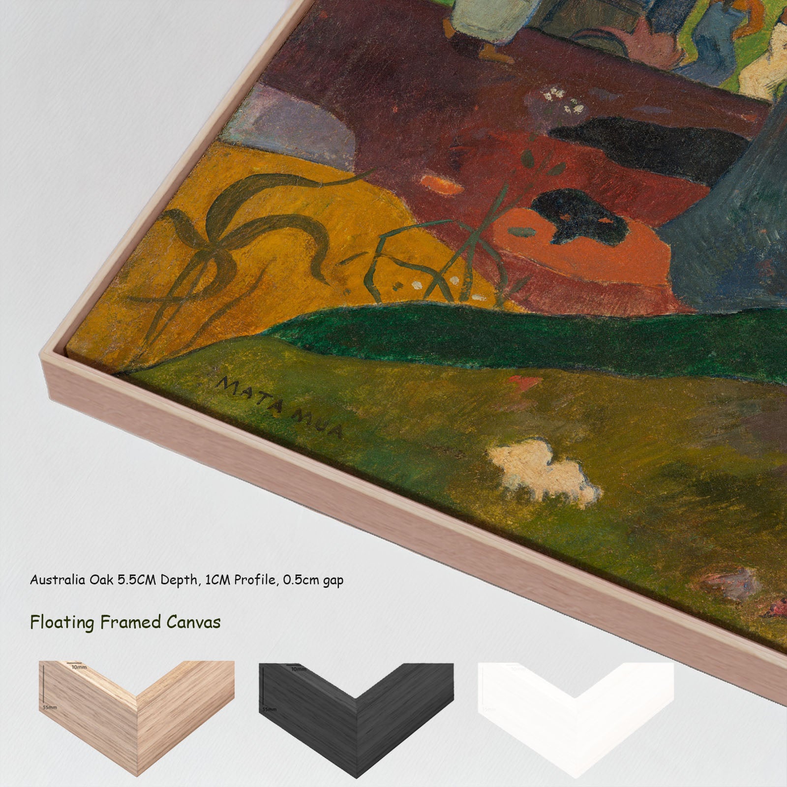 Mata Mua by Paul Gauguin in a floating frame, large green and gold Impressionist canvas print