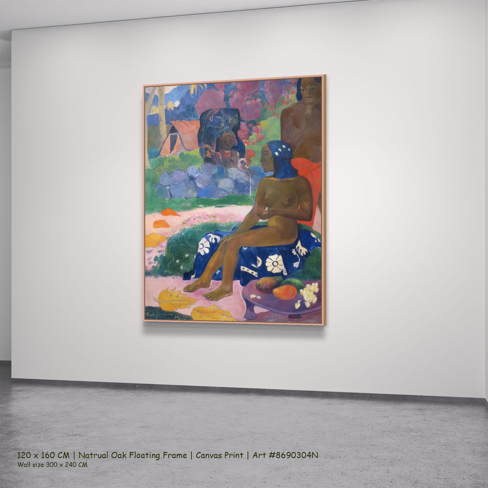 Vairaumati tei oa by Paul Gauguin in a natural oak floating frame, large blue and gold Impressionist canvas