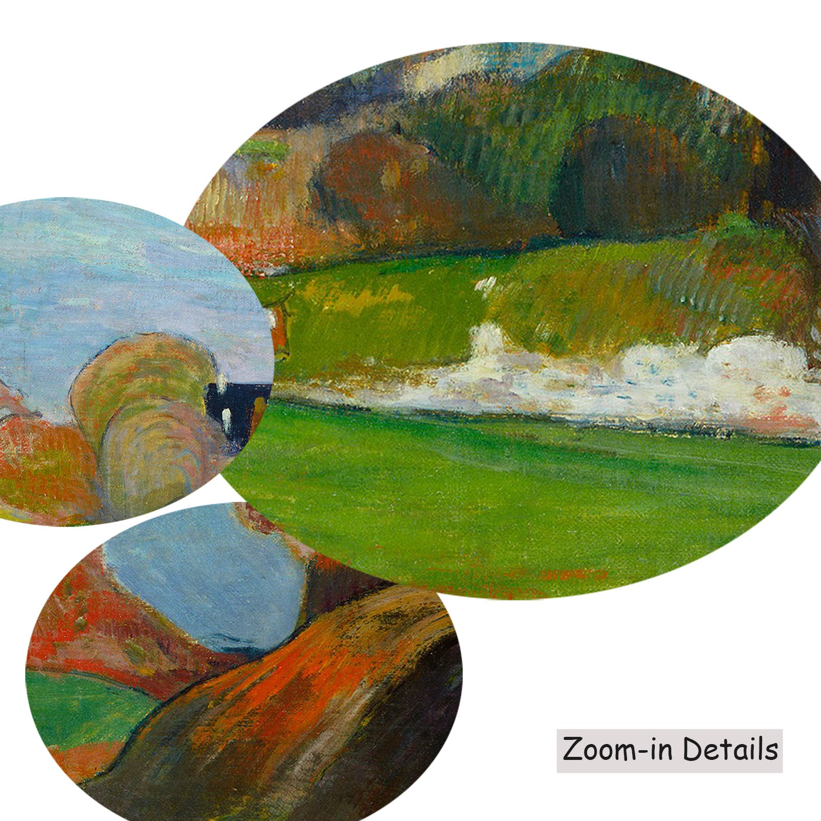 Close-up detail of the brushwork on Landscape at Le Pouldu, a large light blue and green Impressionist canvas by Paul Gauguin