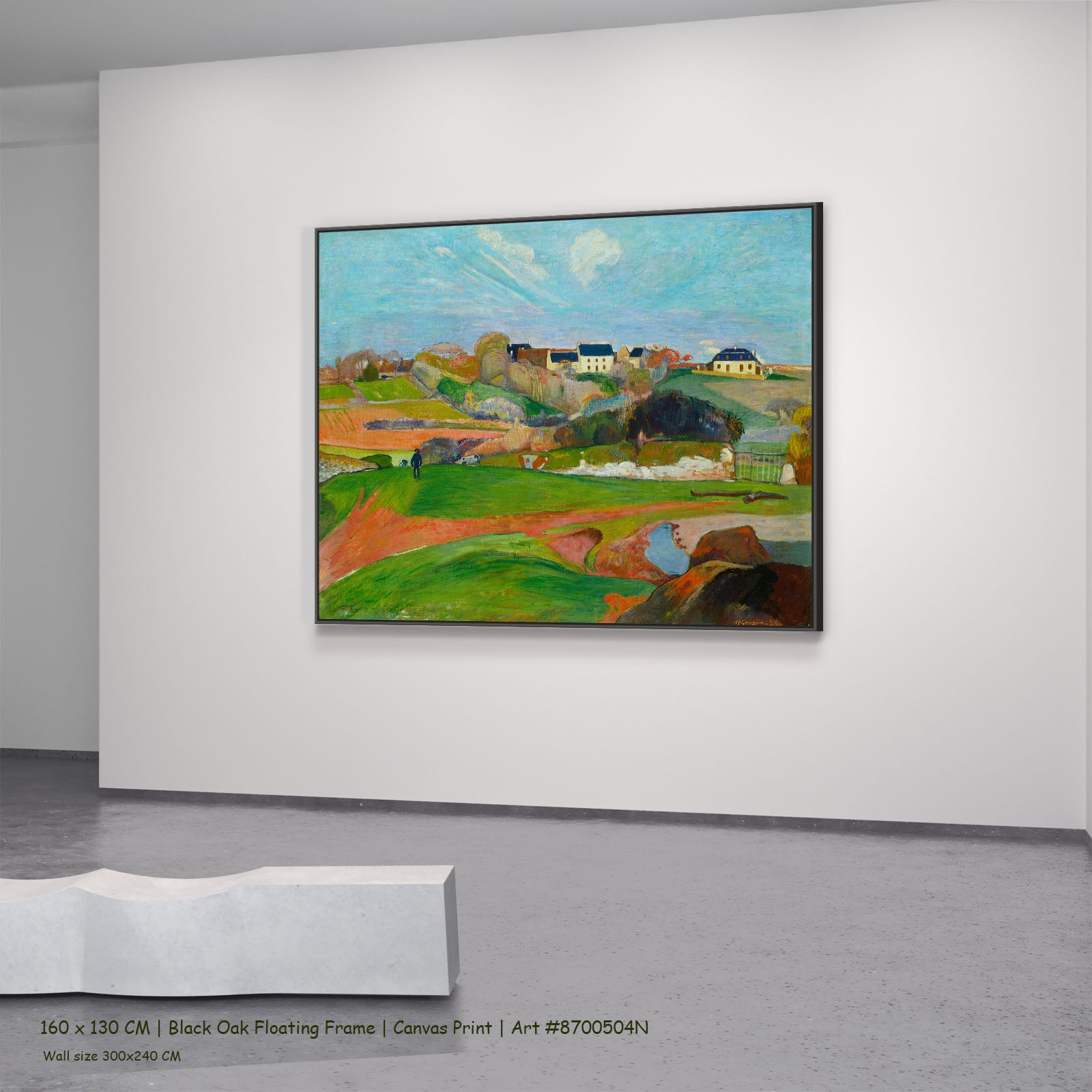 Landscape at Le Pouldu by Paul Gauguin in a black oak floating frame, large light blue and green Impressionist canvas
