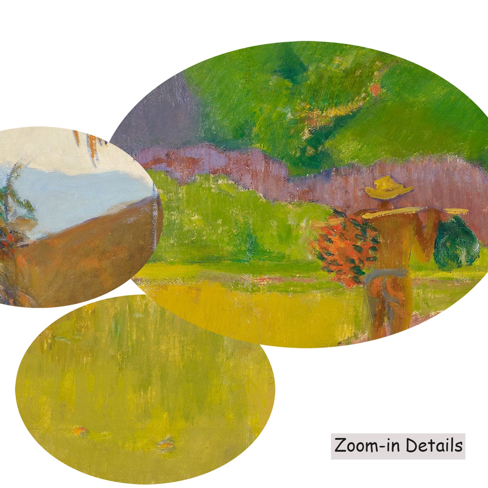 Close-up detail of the brushwork on Tahitian Landscape, a large yellow and brown Impressionist canvas by Paul Gauguin