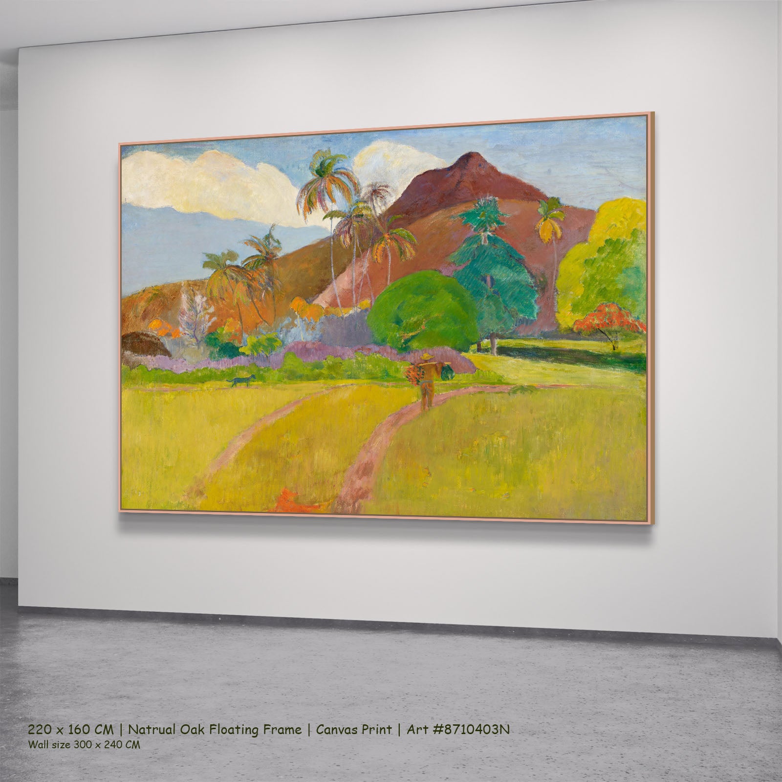 Tahitian Landscape by Paul Gauguin in a natural oak floating frame, large yellow and brown Impressionist canvas