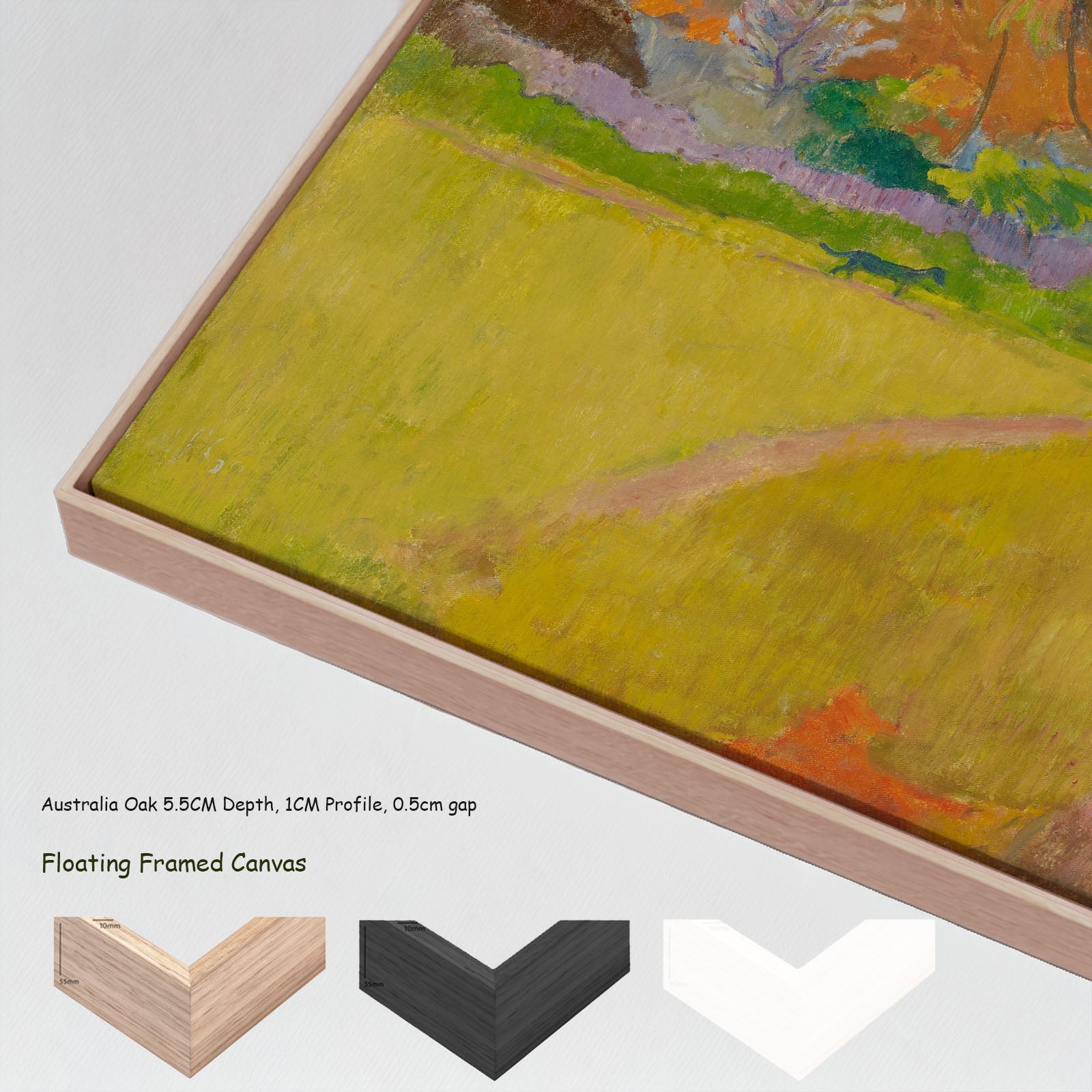 Tahitian Landscape by Paul Gauguin in a floating frame, large yellow and brown Impressionist canvas print