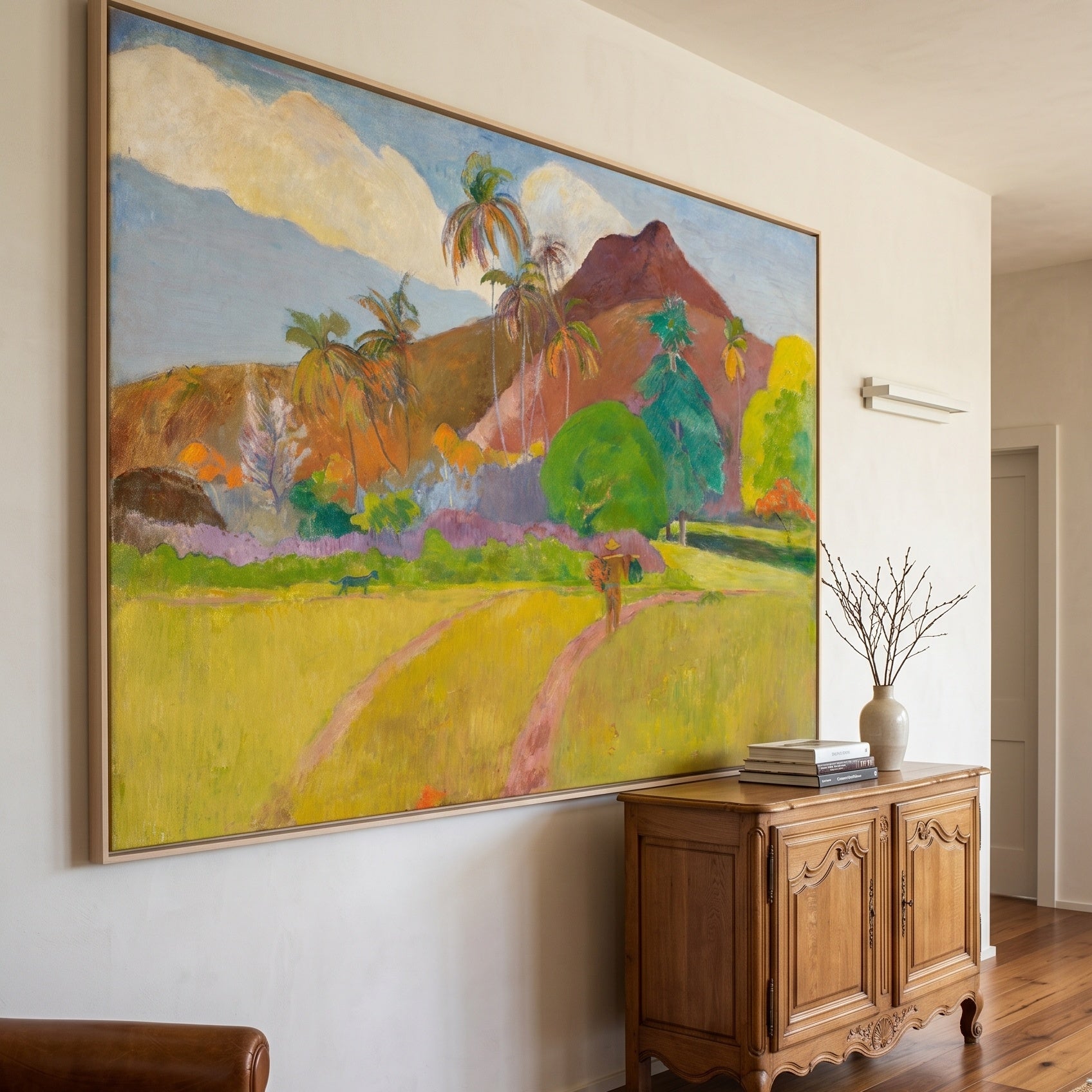 Tahitian Landscape by Paul Gauguin — large yellow and brown Impressionist canvas art displayed on a wall