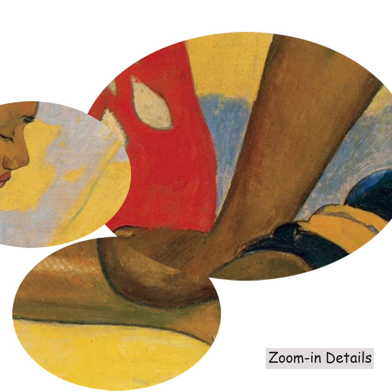 Close-up detail of the brushwork on Parau Api, a large yellow and red Impressionist canvas by Paul Gauguin