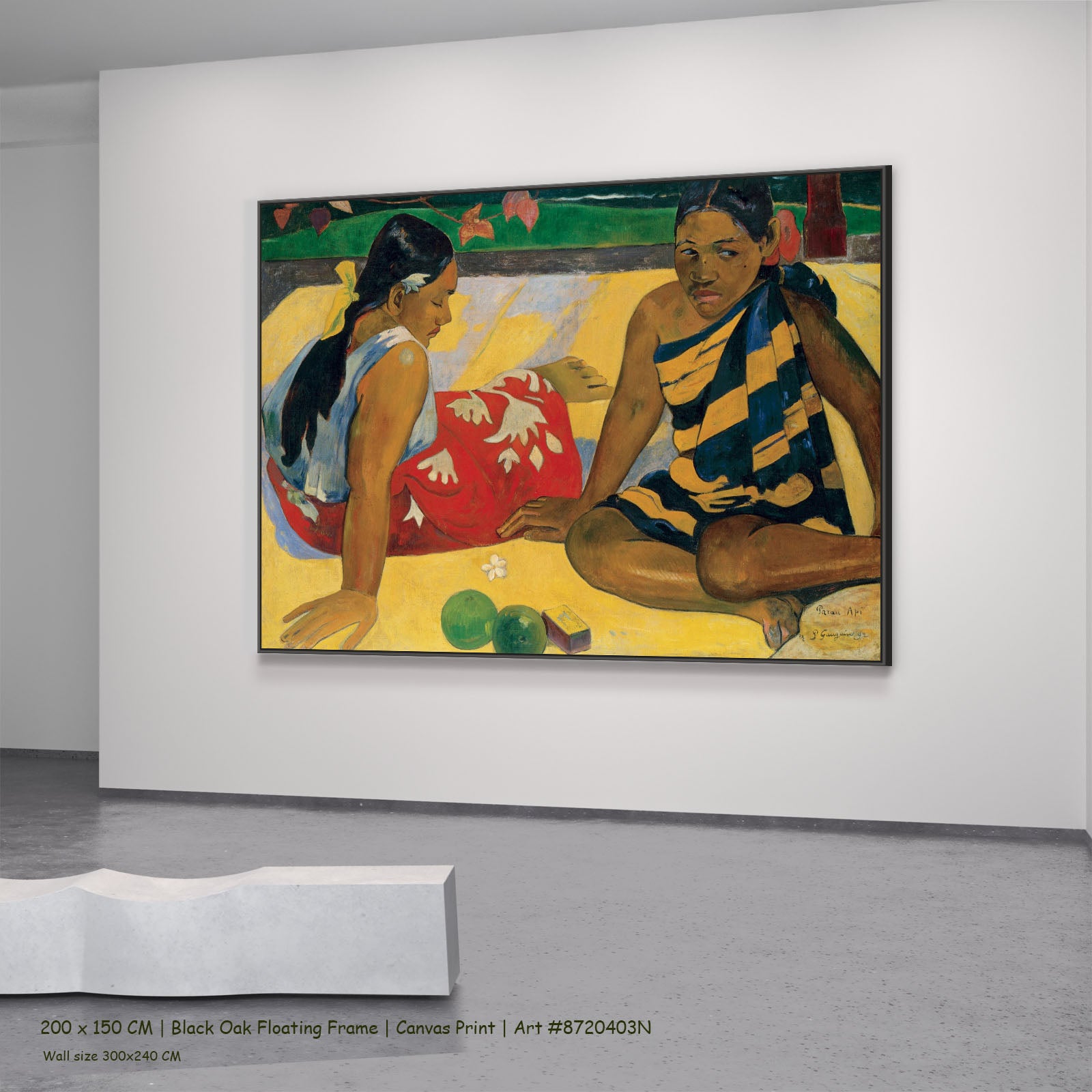 Parau Api by Paul Gauguin in a black oak floating frame, large yellow and red Impressionist canvas