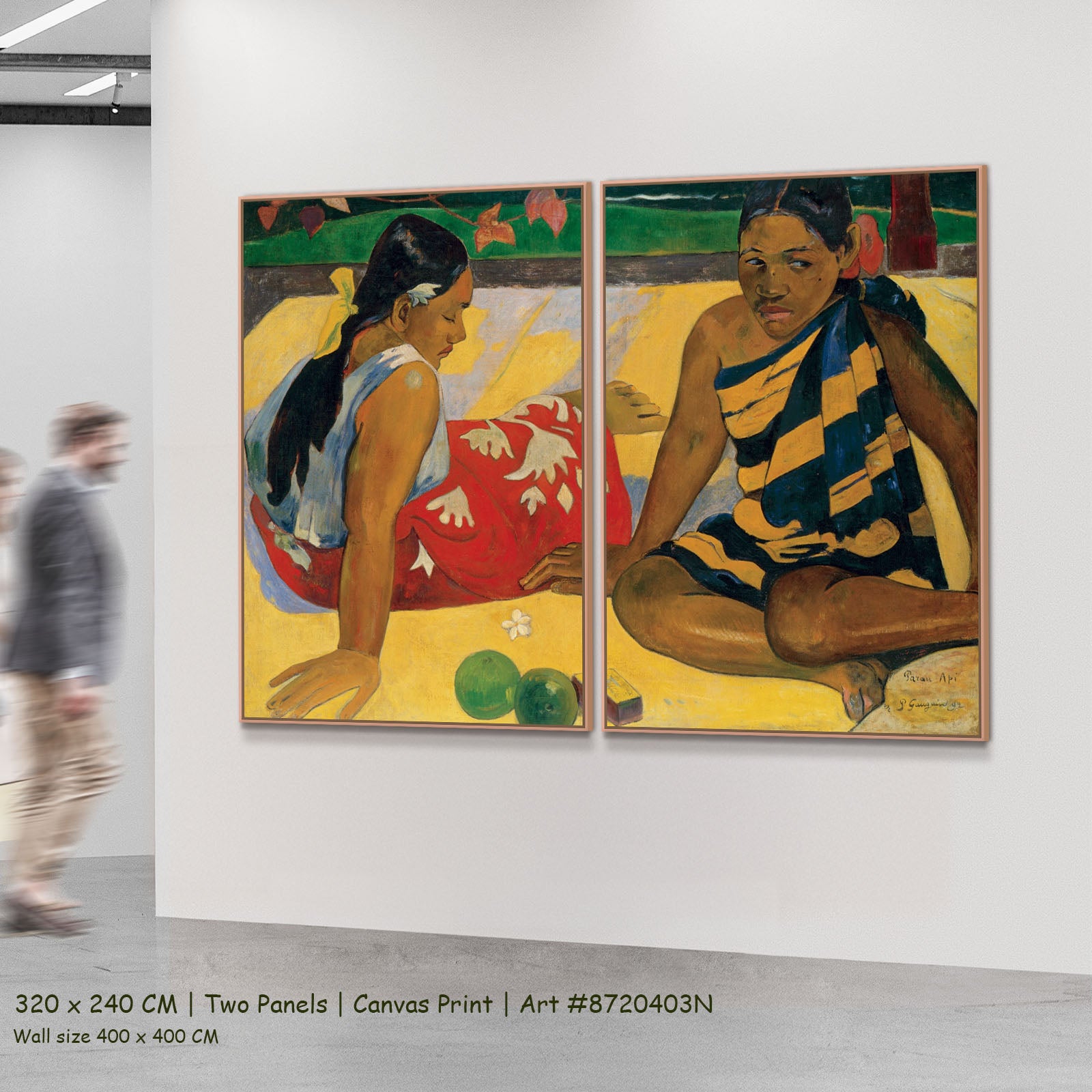 Parau Api by Paul Gauguin as a large two-panel yellow and red Impressionist canvas set