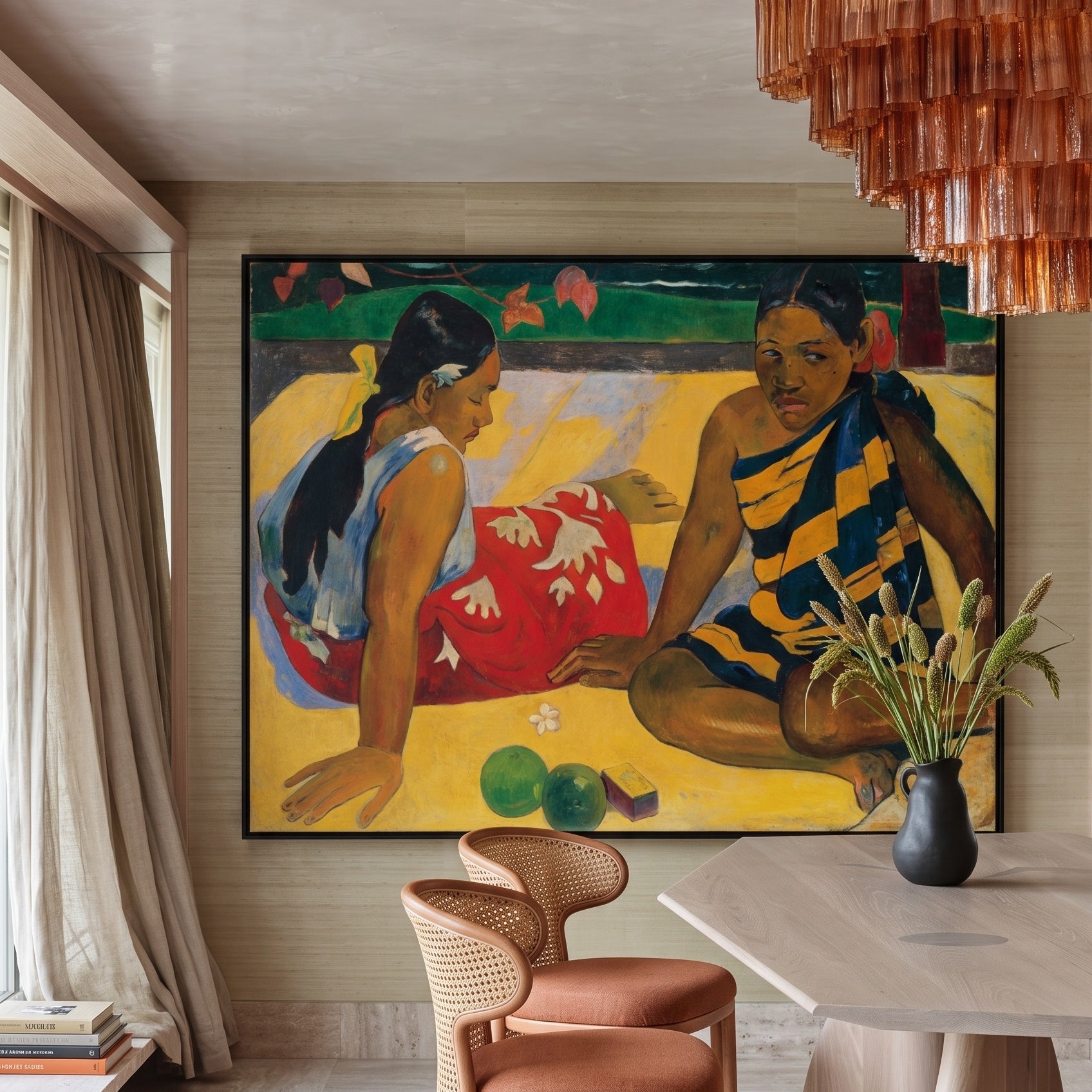 Parau Api by Paul Gauguin — large yellow and red Impressionist canvas art displayed on a wall