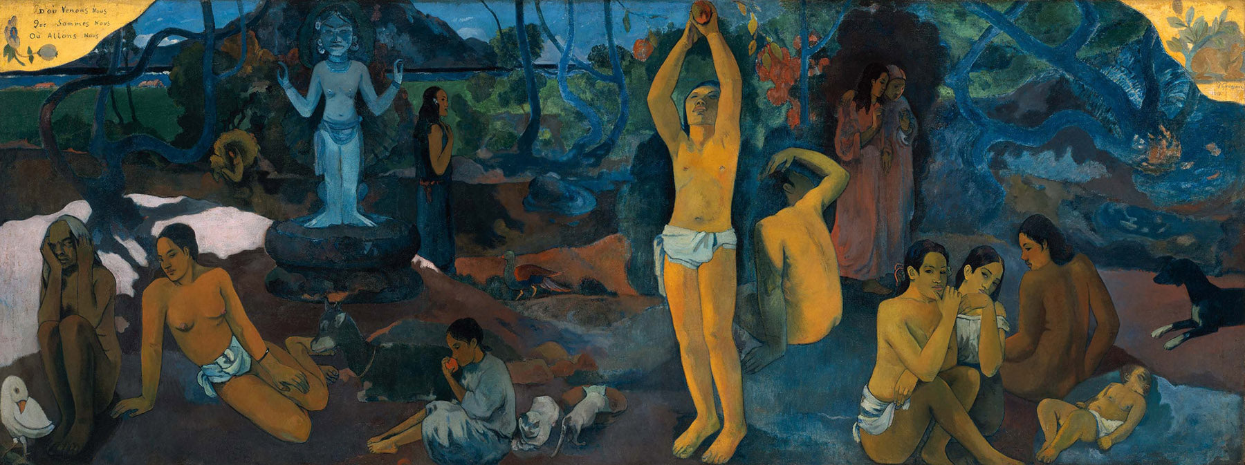 Large blue and gold Impressionist canvas print of Where Do We Come From? What by Paul Gauguin