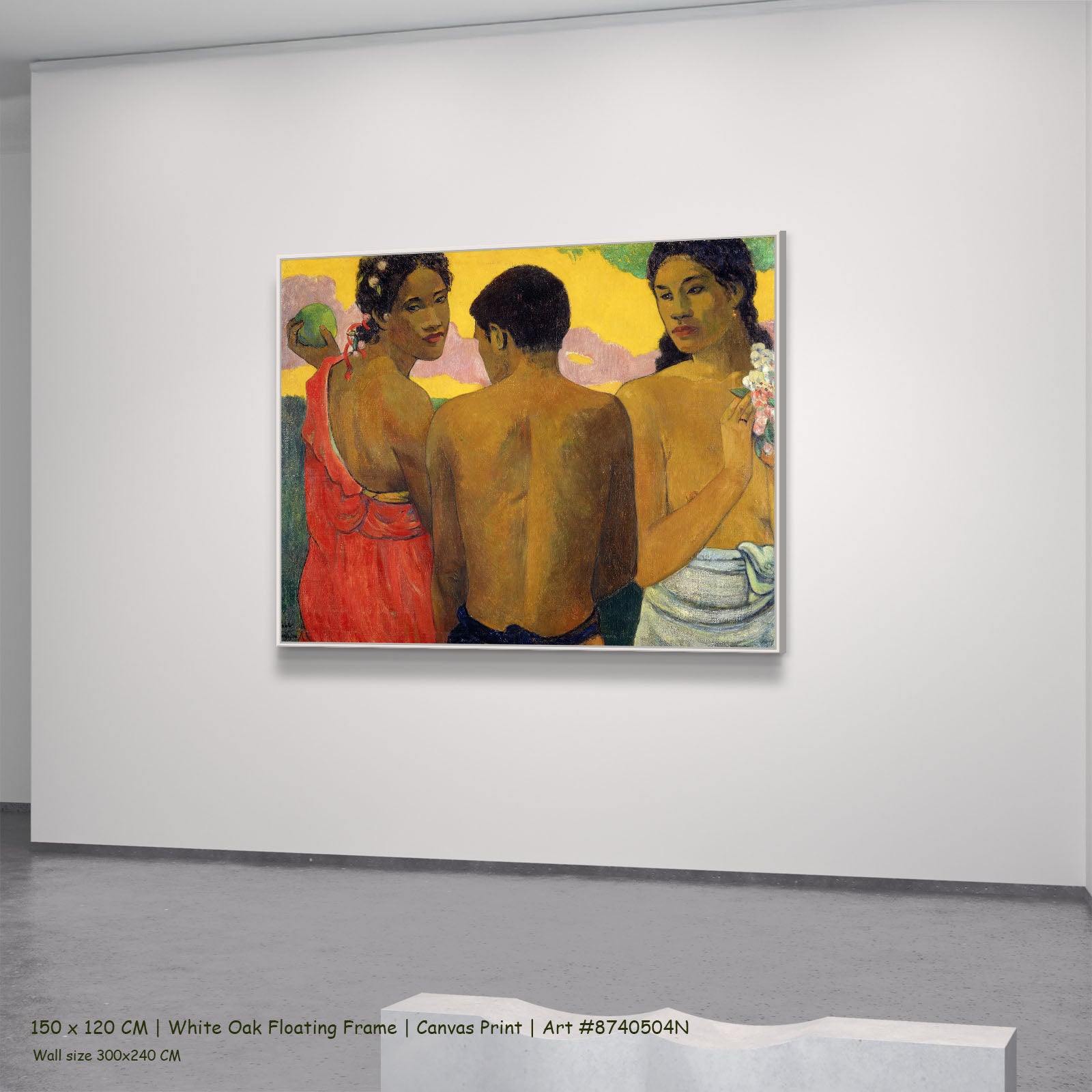 Three Tahitians by Paul Gauguin in a white oak floating frame, large brown and yellow Impressionist canvas