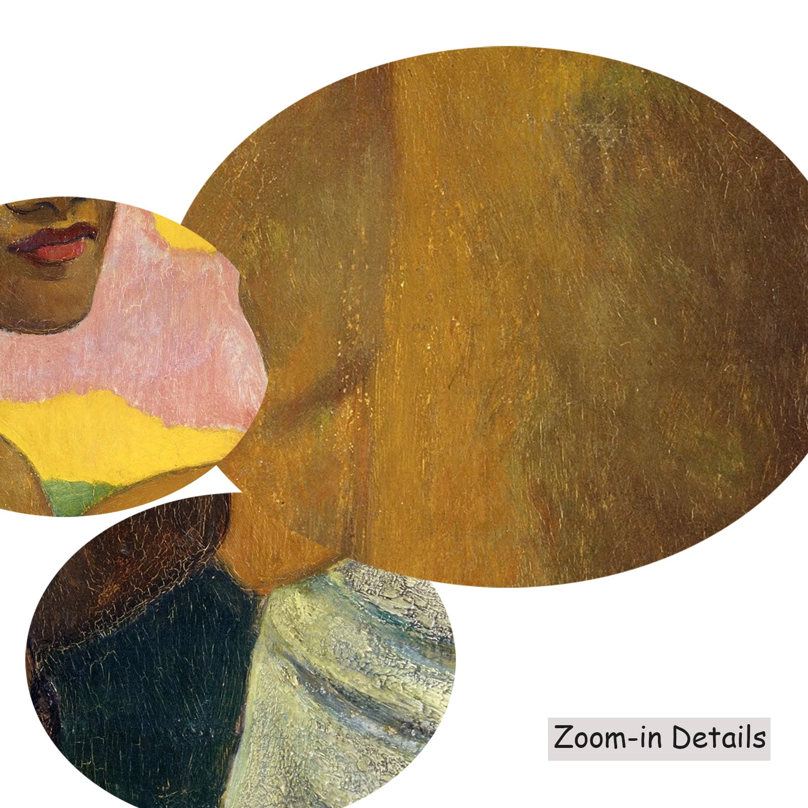 Close-up detail of the brushwork on Three Tahitians, a large brown and yellow Impressionist canvas by Paul Gauguin