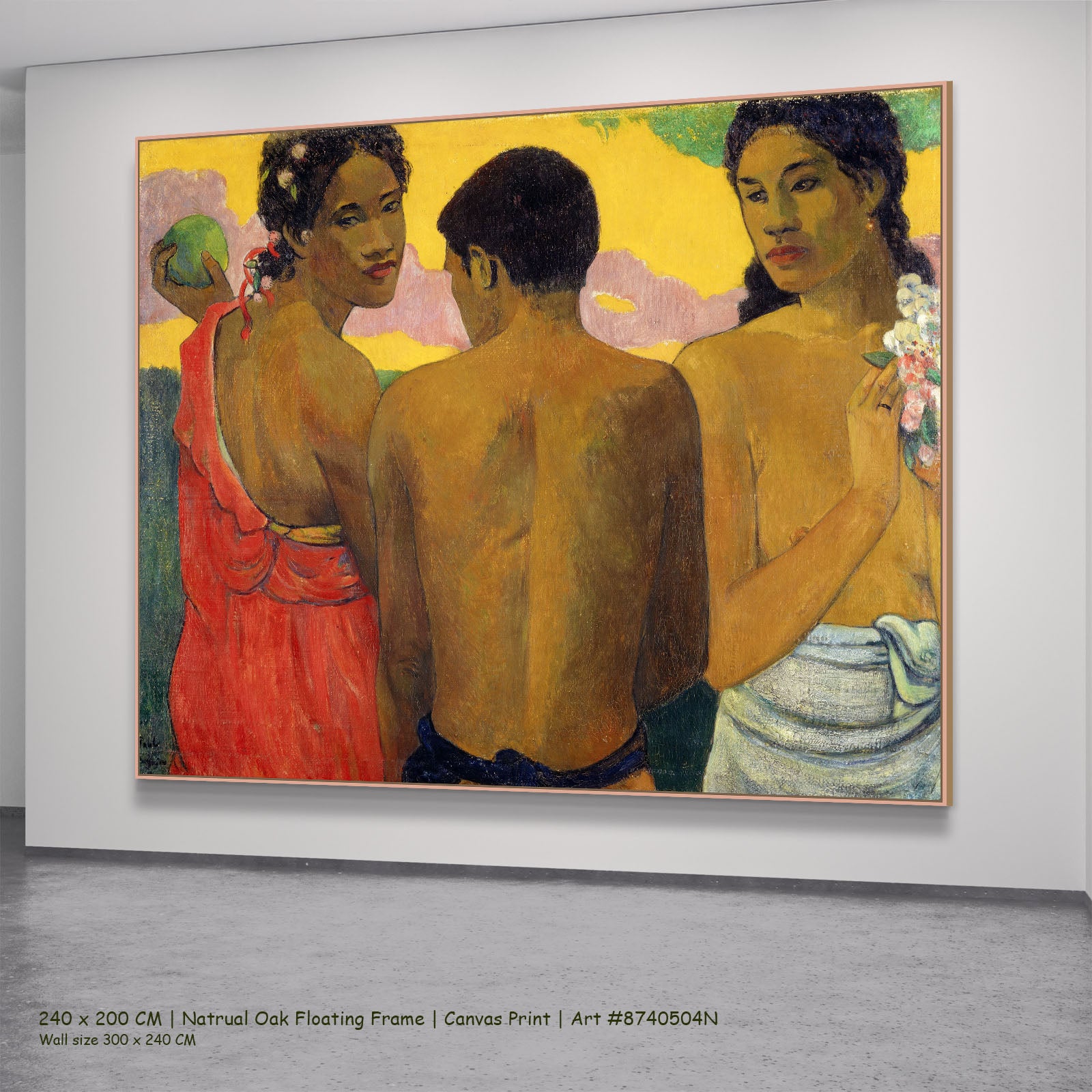 Three Tahitians by Paul Gauguin in a natural oak floating frame, large brown and yellow Impressionist canvas