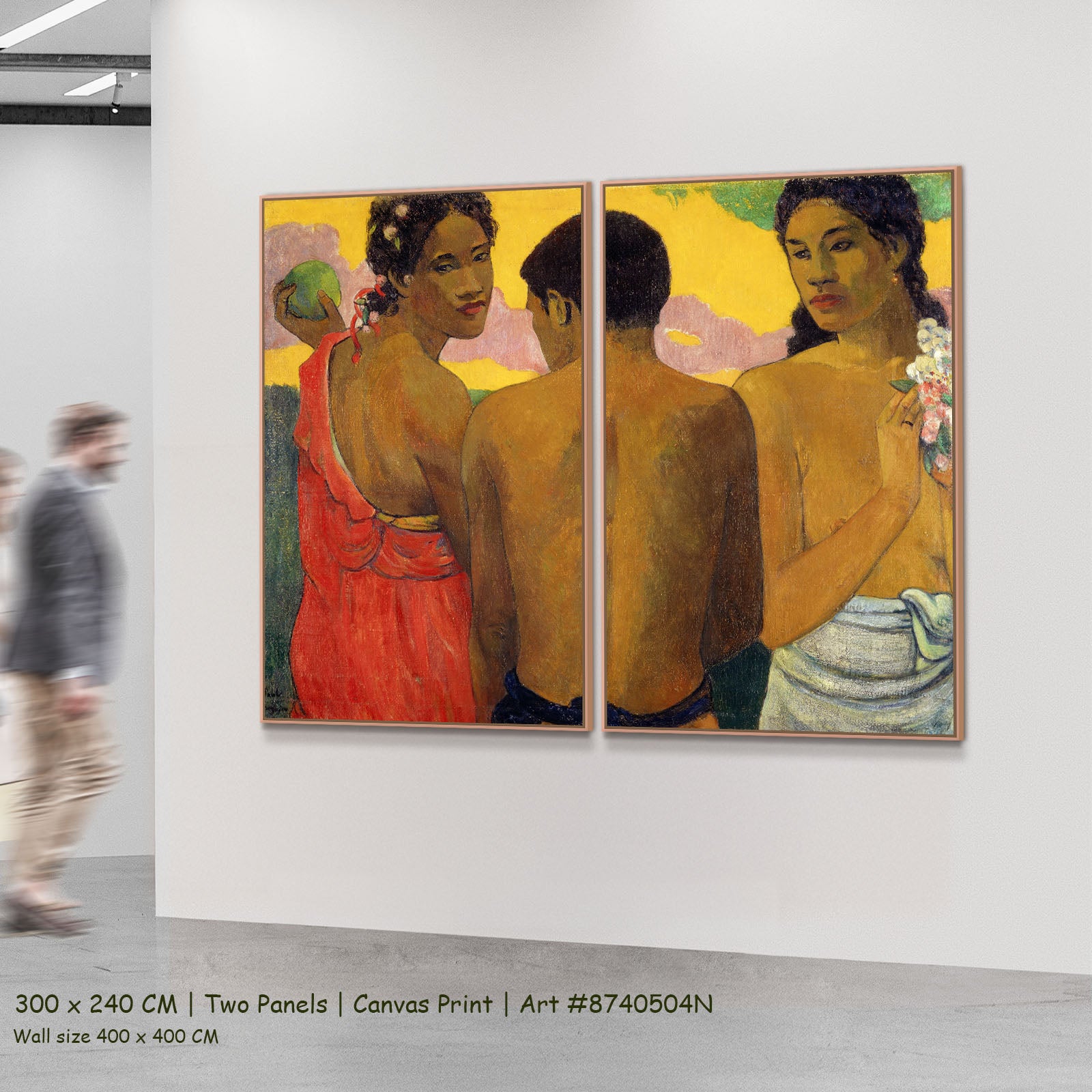 Three Tahitians by Paul Gauguin as a large two-panel brown and yellow Impressionist canvas set