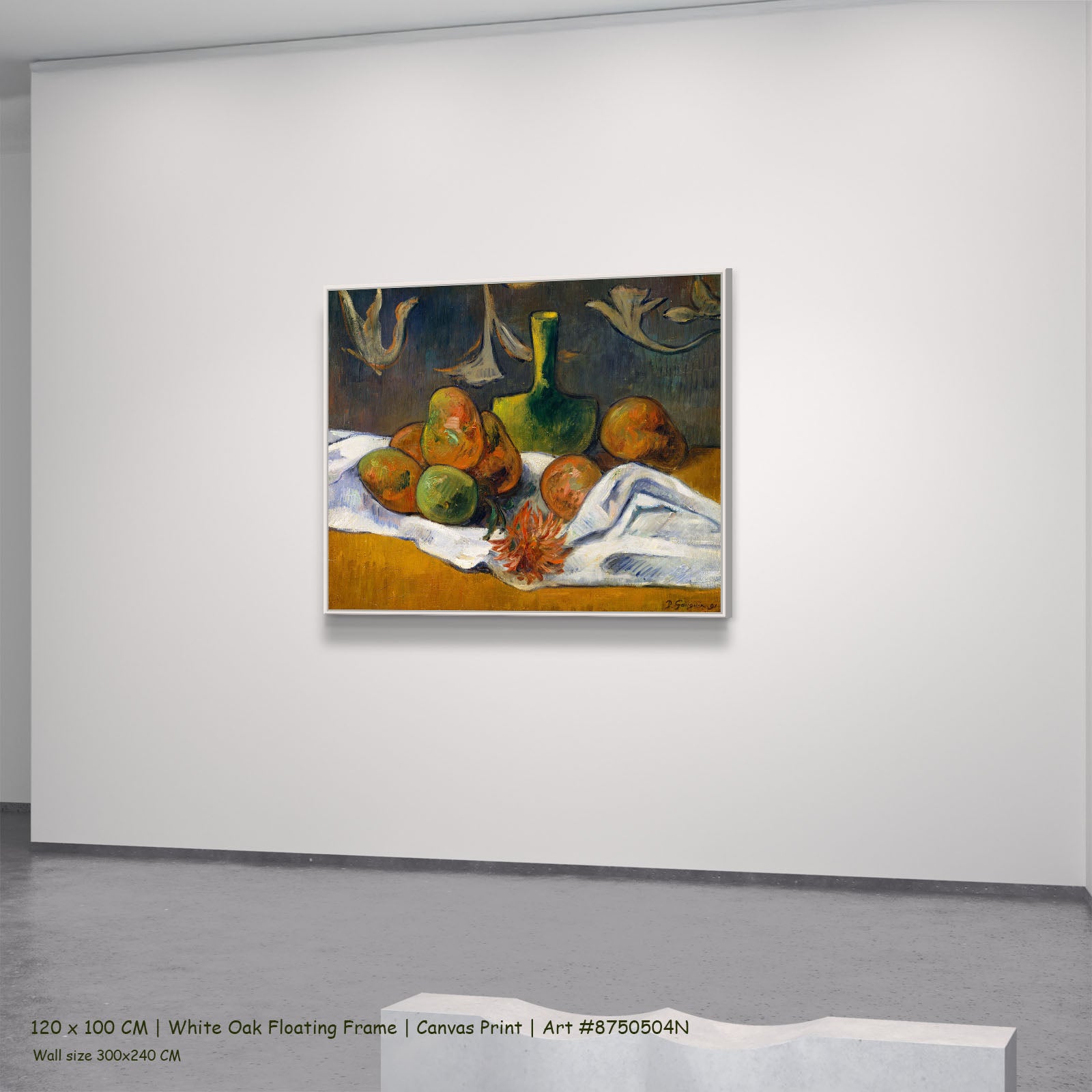 Still Life with Mangoes and a by Paul Gauguin in a white oak floating frame, large orange and gold Impressionist canvas
