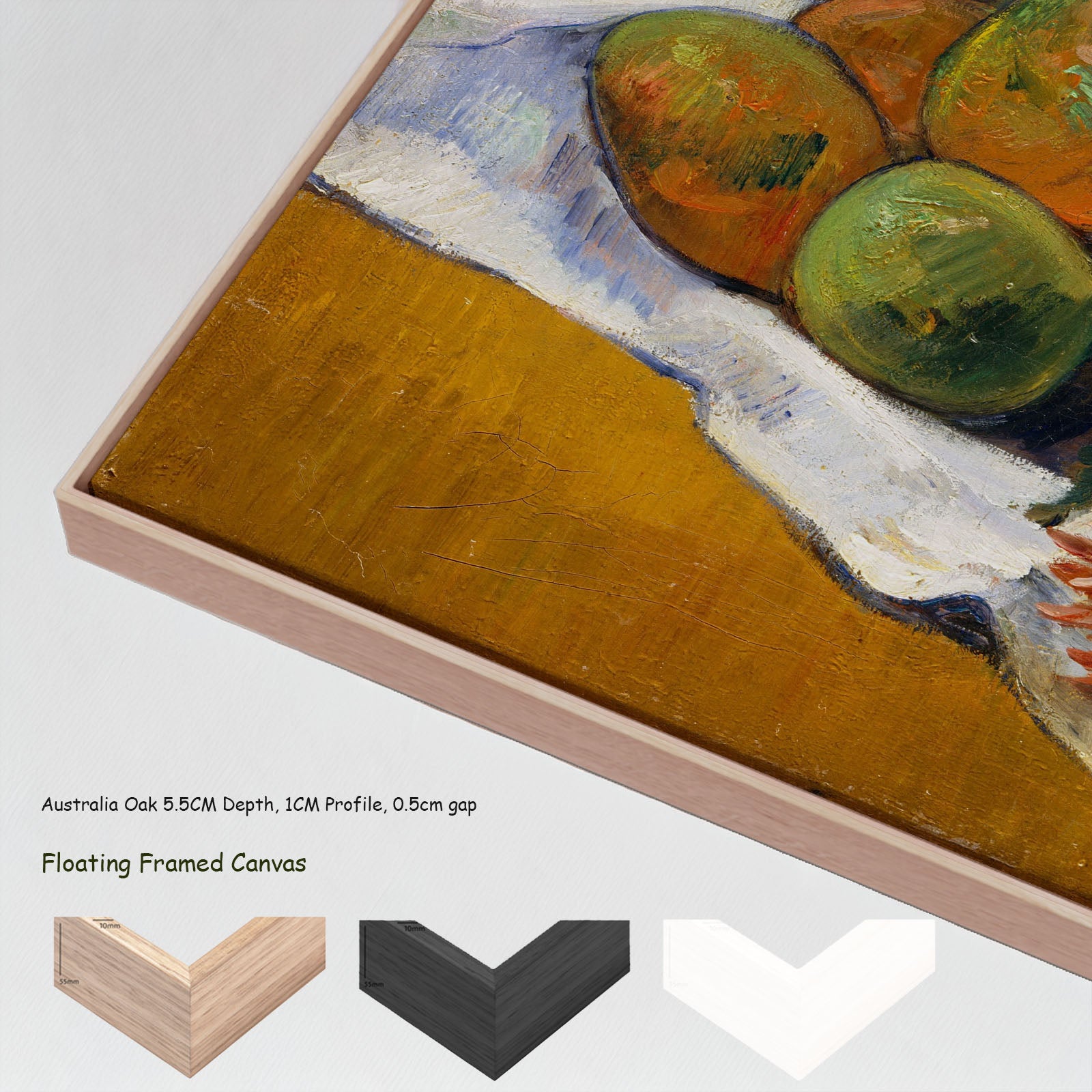 Still Life with Mangoes and a by Paul Gauguin in a floating frame, large orange and gold Impressionist canvas print