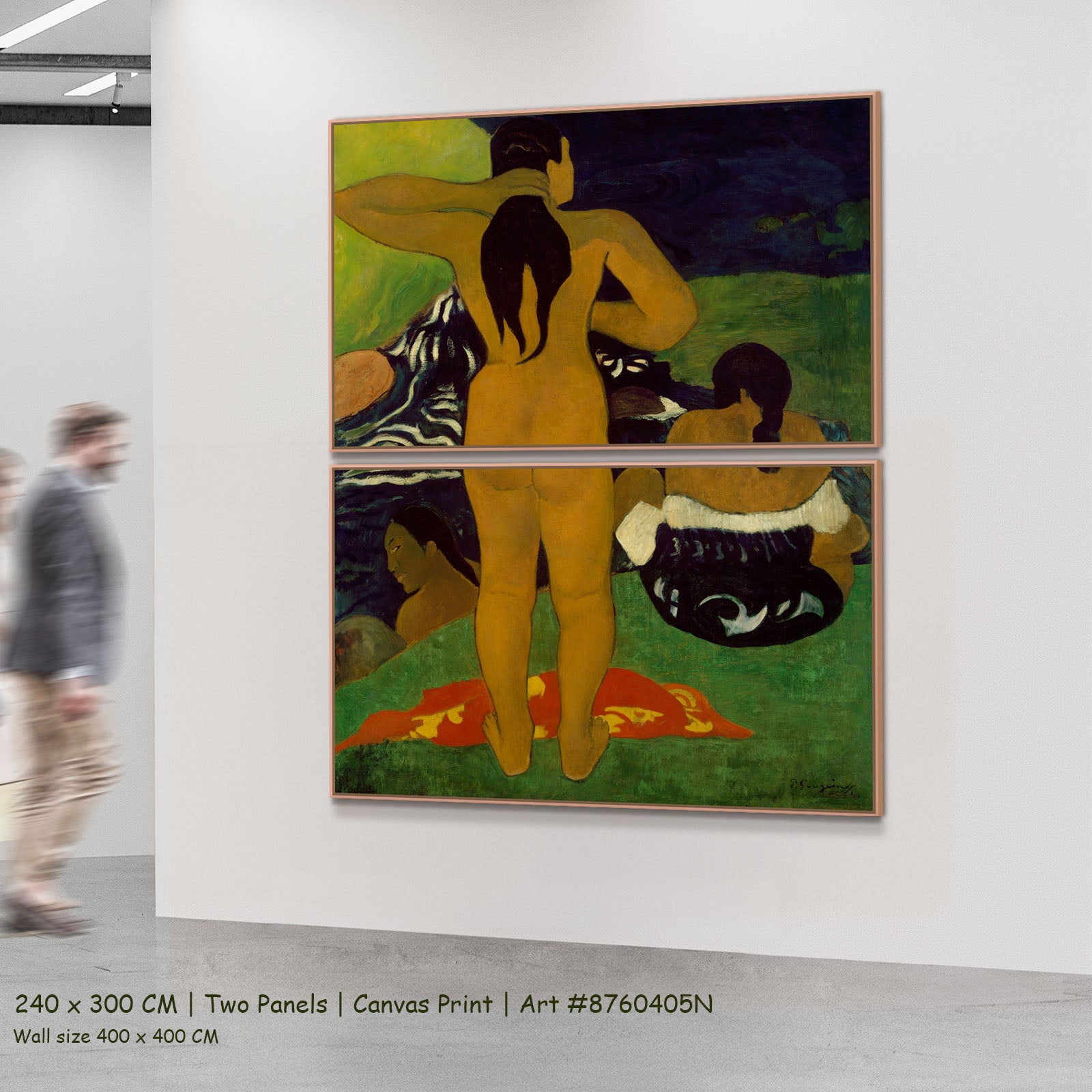 Tahitian Women Bathing by Paul Gauguin as a large two-panel green and gold Impressionist canvas set