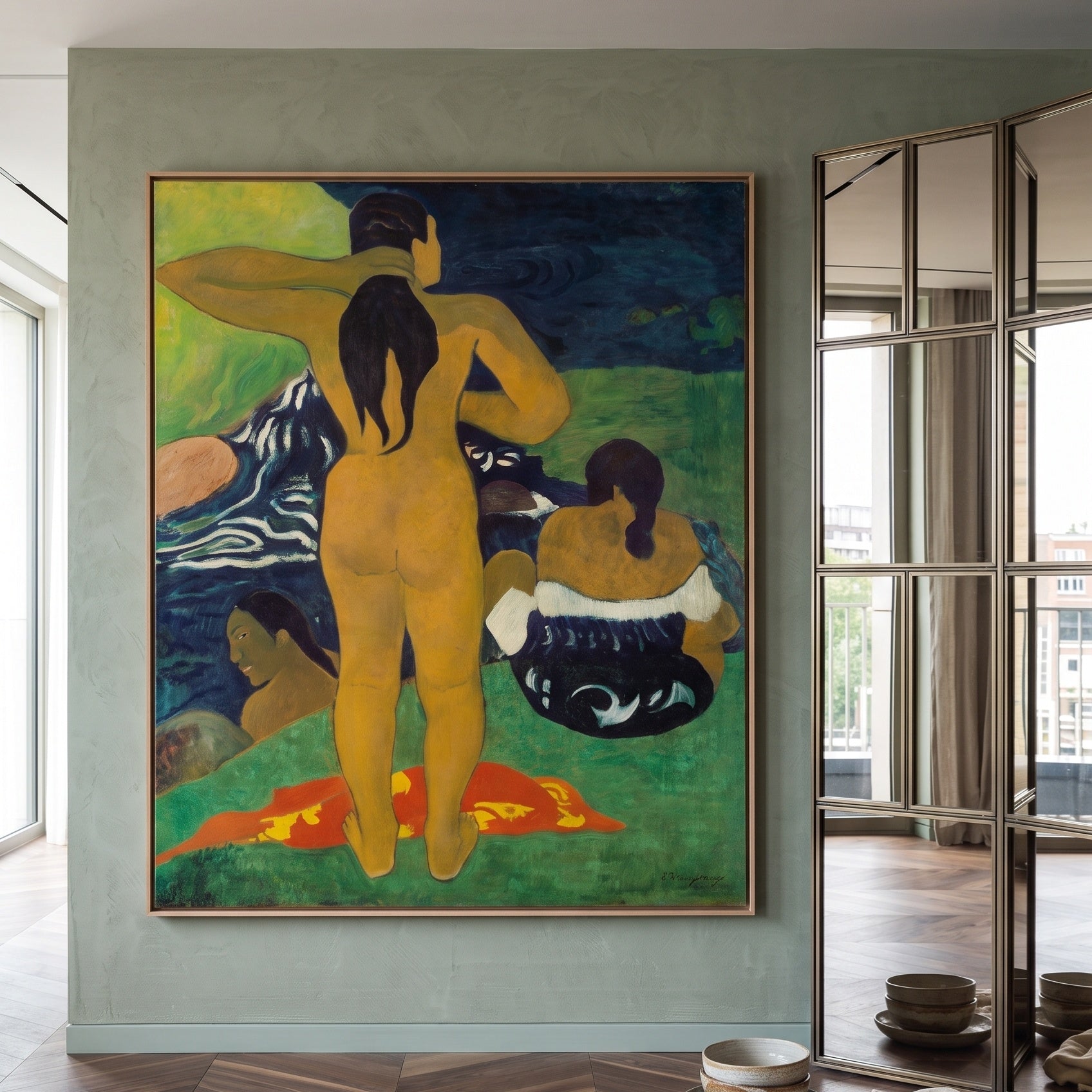 Tahitian Women Bathing by Paul Gauguin — large green and gold Impressionist canvas art on a entryway wall