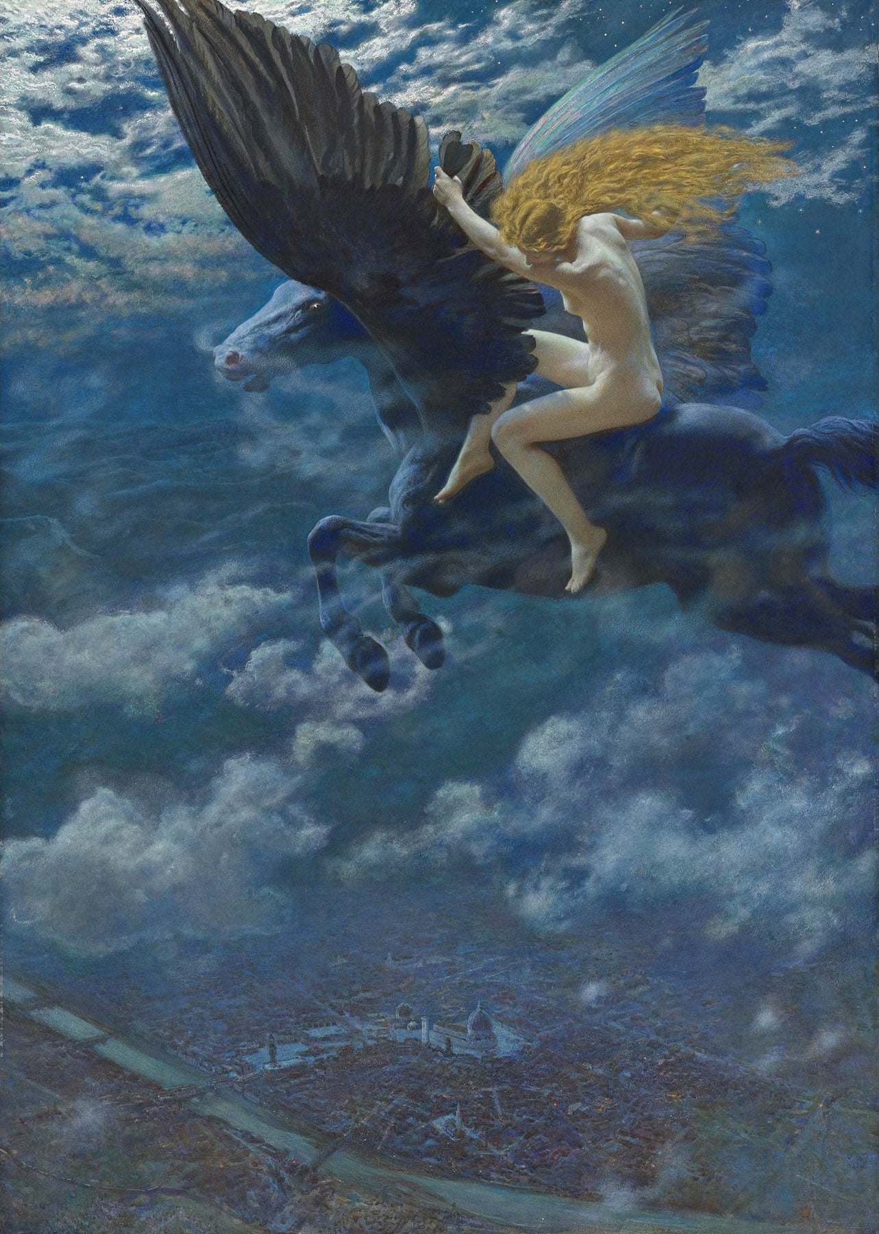 Large blue and black Symbolist canvas print of Dream Idyll by Edward Robert Hughes