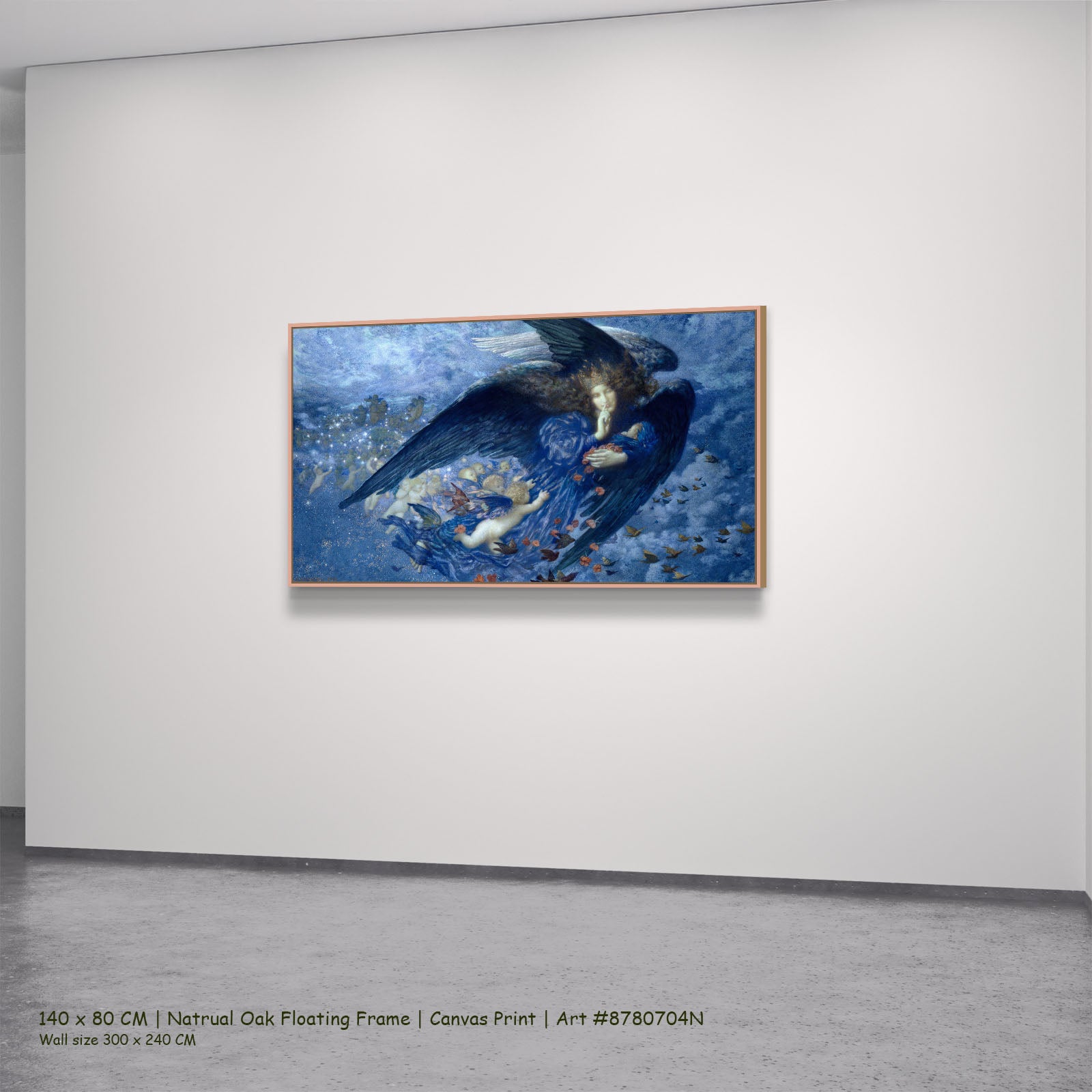 Night with Her Train of Stars by Edward Robert Hughes in a natural oak floating frame, large blue and light blue Symbolist ca