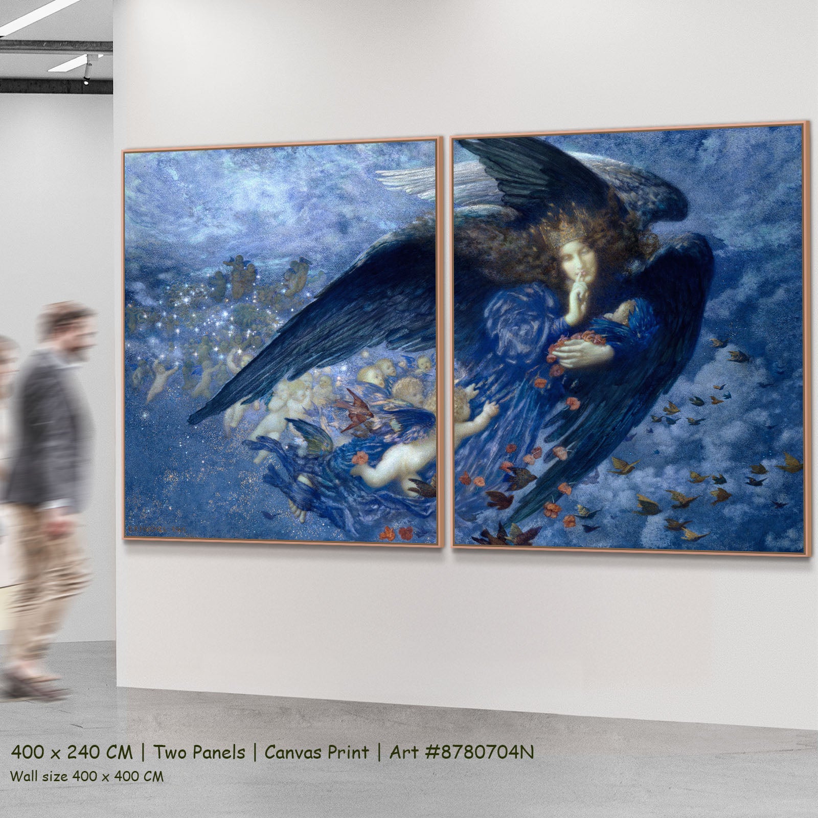 Night with Her Train of Stars by Edward Robert Hughes as a large two-panel blue and light blue Symbolist canvas set