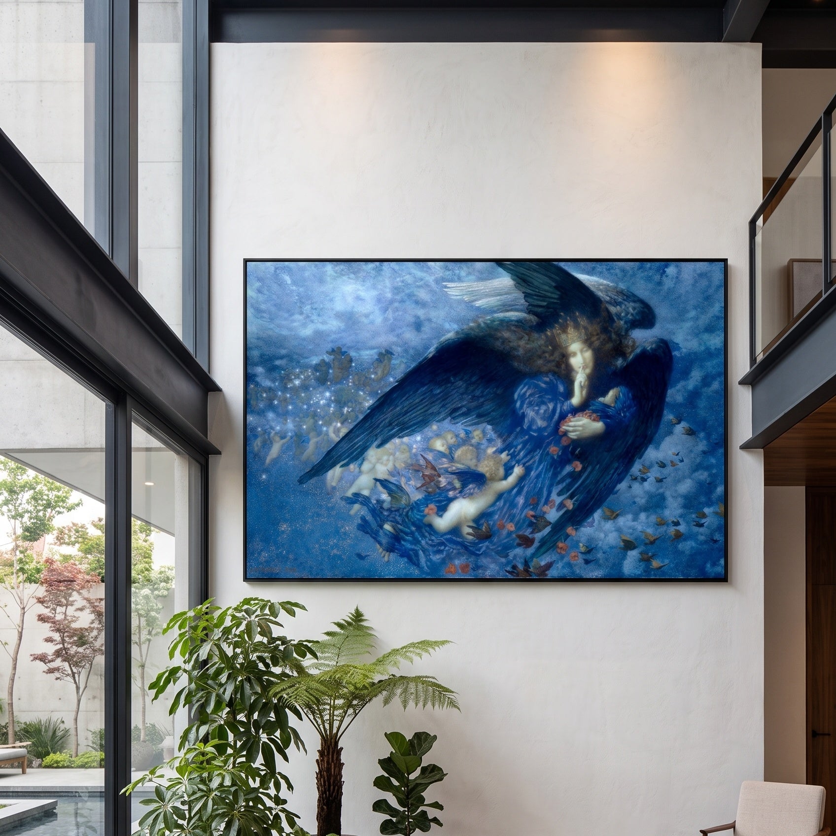 Night with Her Train of Stars by Edward Robert Hughes — large blue and light blue Symbolist canvas art on a office wall