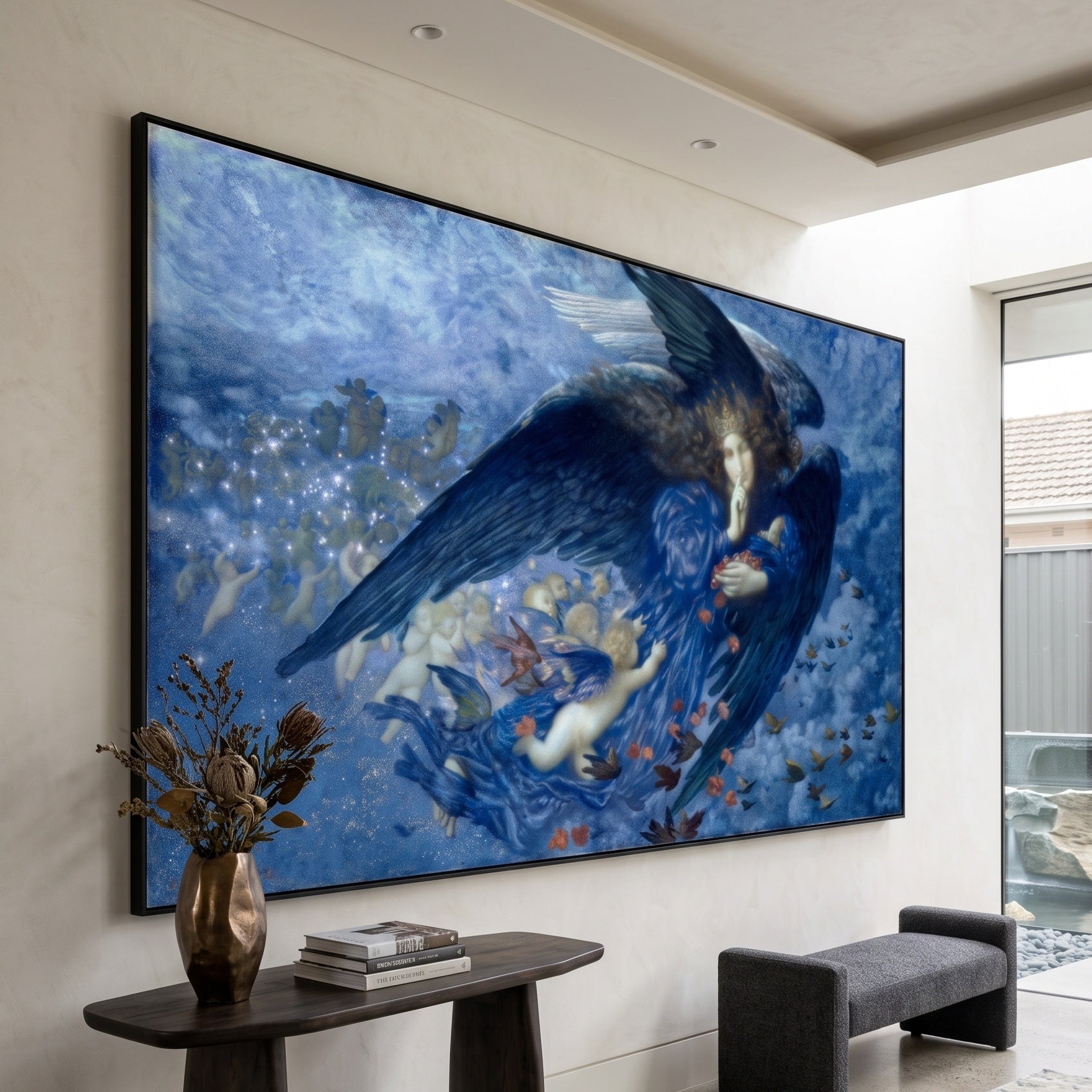 Night with Her Train of Stars by Edward Robert Hughes — large blue and light blue Symbolist canvas art on a entryway wall