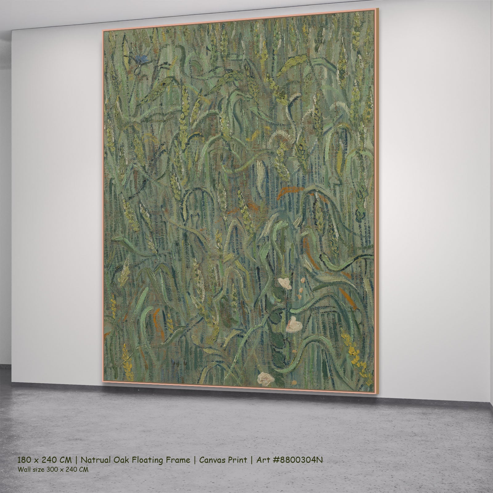 Ears of Wheat by Vincent van Gogh in a natural oak floating frame, large green Impressionist canvas