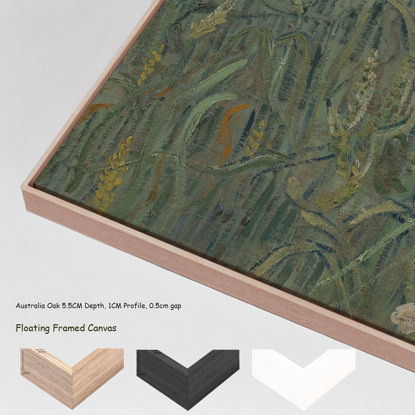 Ears of Wheat by Vincent van Gogh in a floating frame, large green Impressionist canvas print