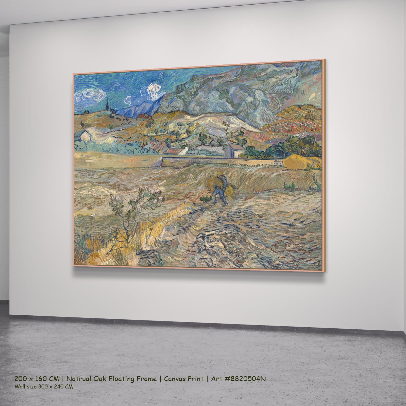 Enclosed Field with Peasant by Vincent van Gogh in a natural oak floating frame, large gold and grey Impressionist canvas