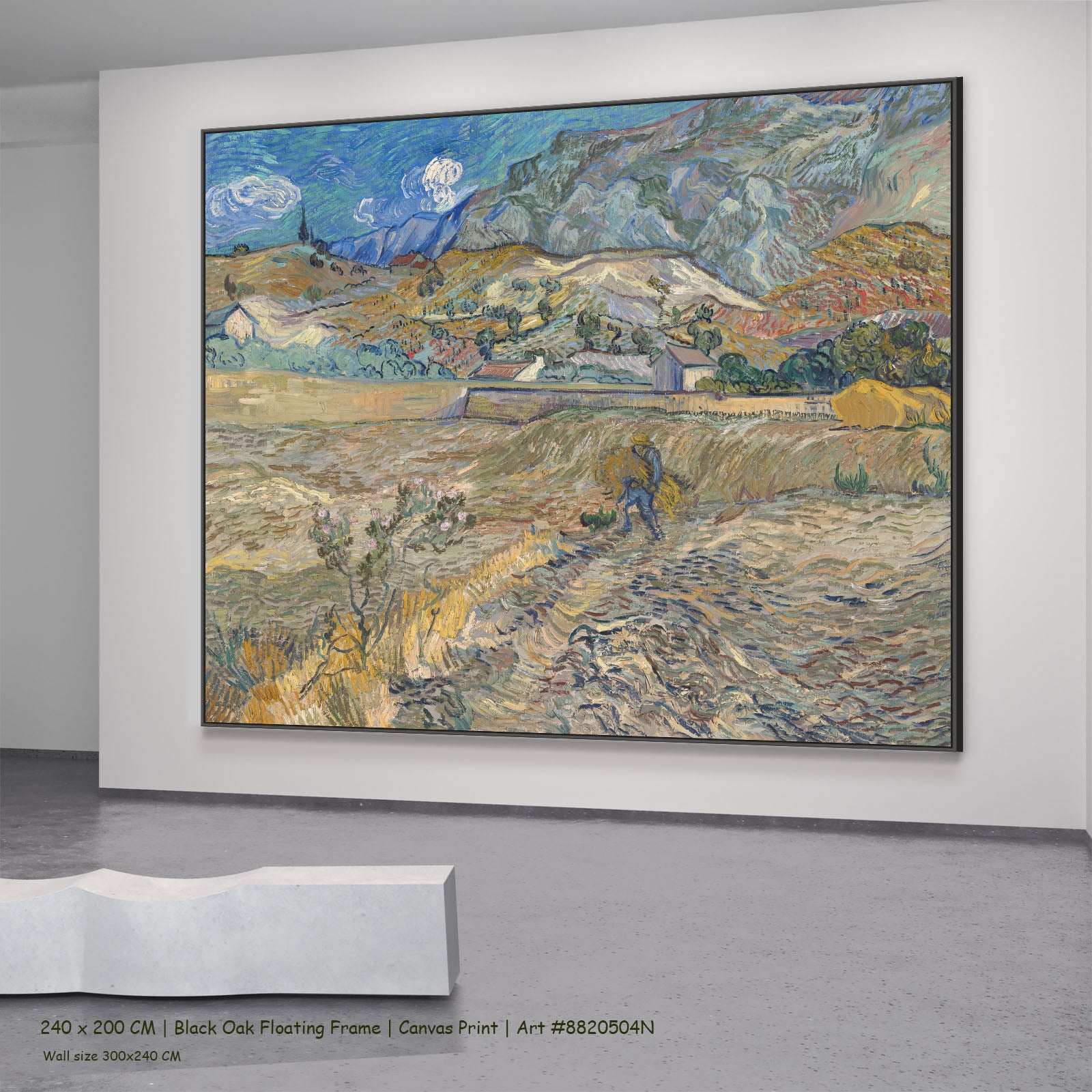 Enclosed Field with Peasant by Vincent van Gogh in a black oak floating frame, large gold and grey Impressionist canvas