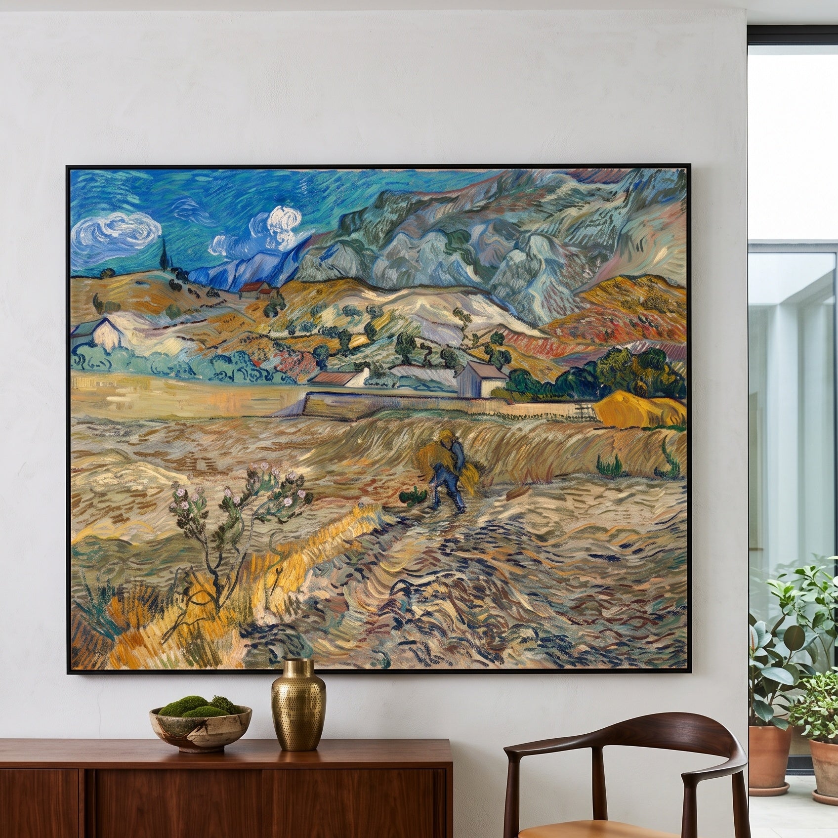 Enclosed Field with Peasant by Vincent van Gogh — large gold and grey Impressionist canvas art displayed on a wall