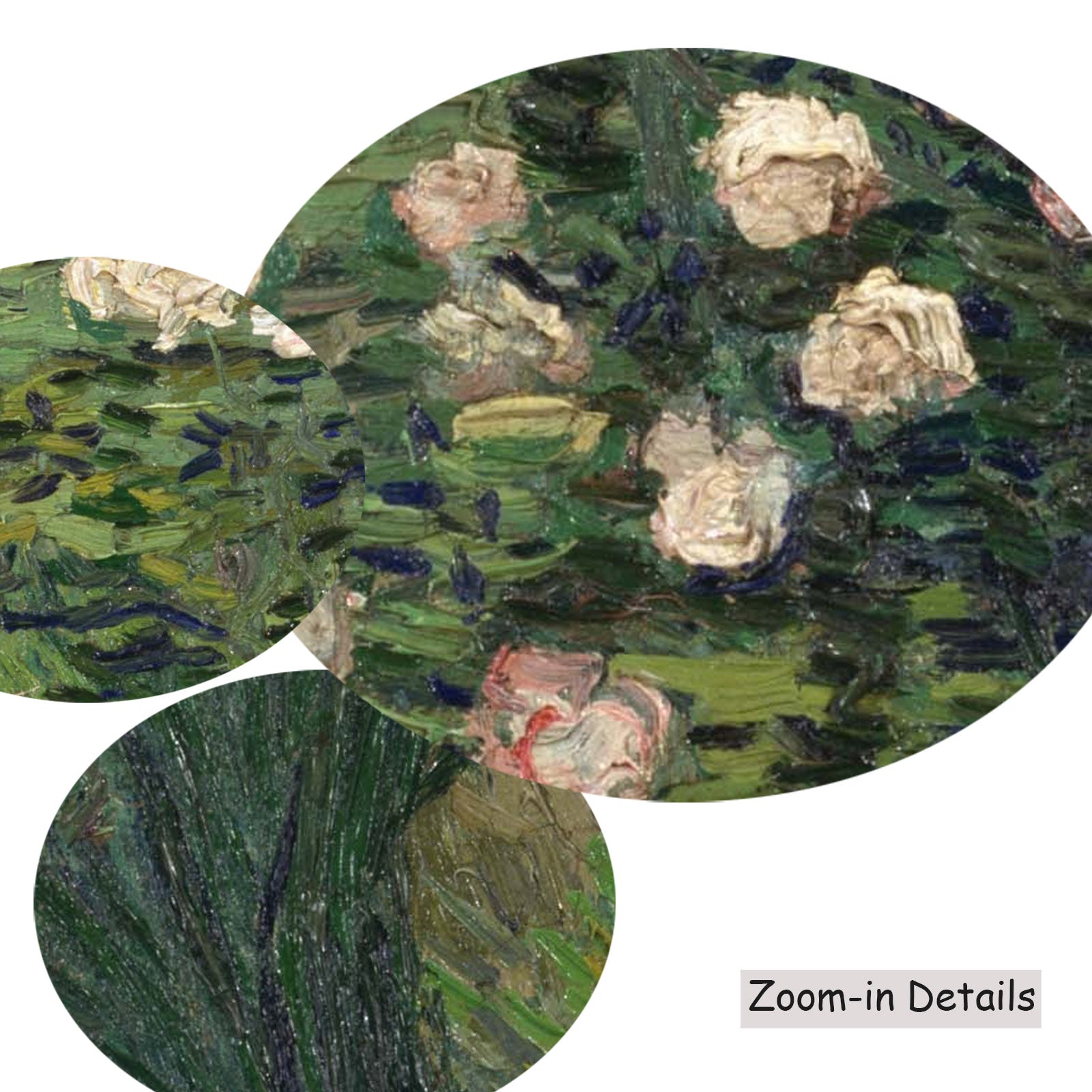 Close-up detail of the brushwork on Roses, a large green and pink Impressionist canvas by Vincent van Gogh