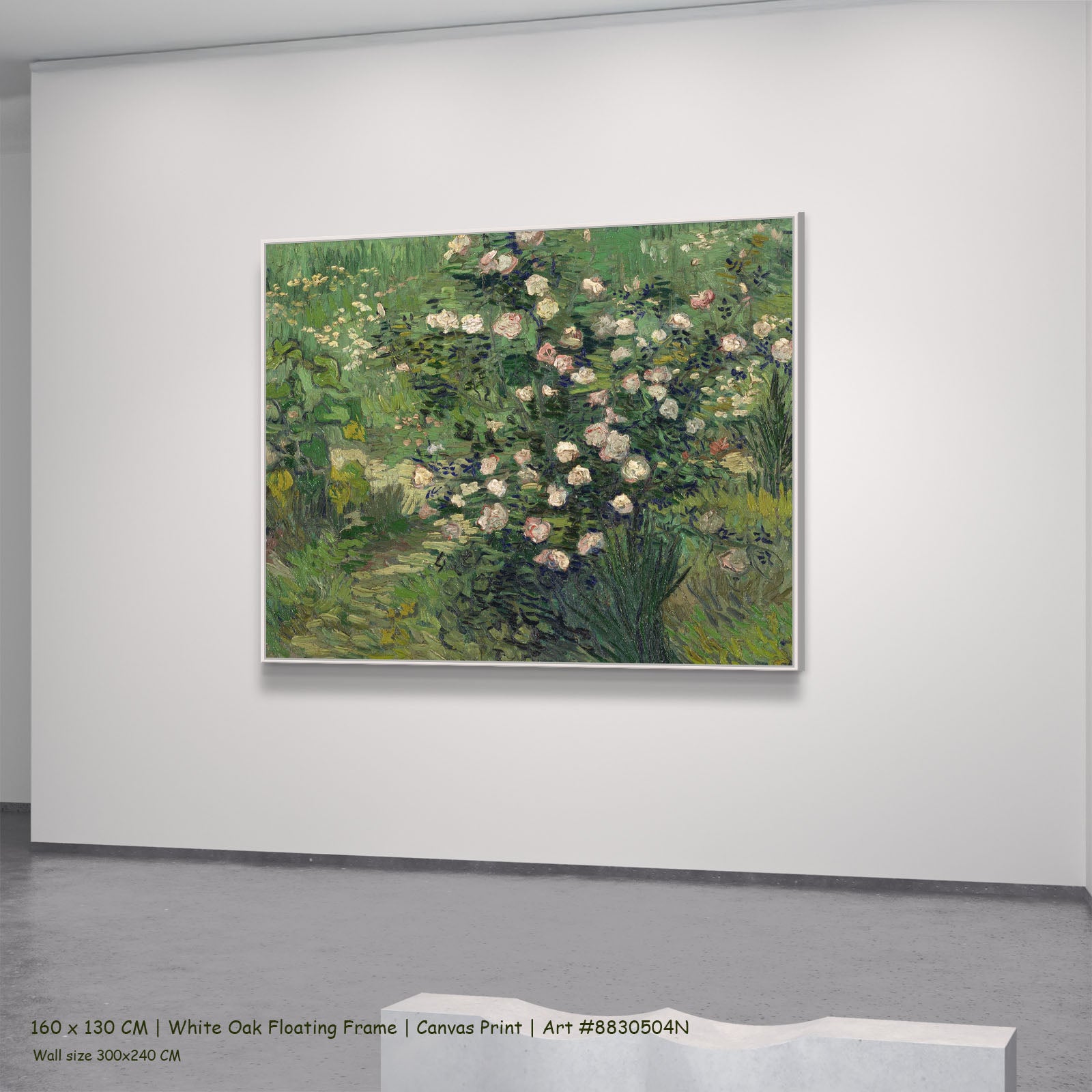 Roses by Vincent van Gogh in a white oak floating frame, large green and pink Impressionist canvas