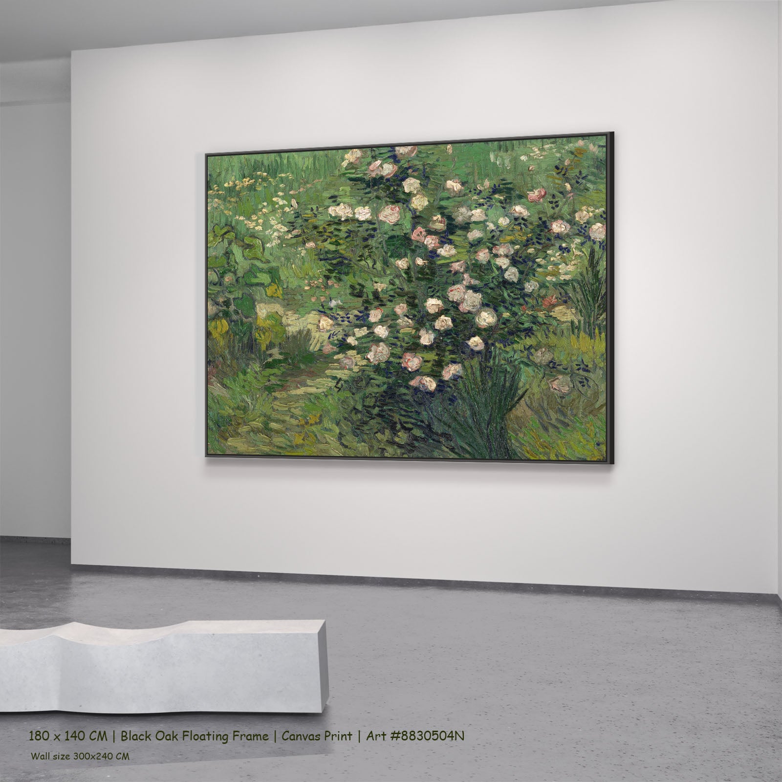 Roses by Vincent van Gogh in a black oak floating frame, large green and pink Impressionist canvas