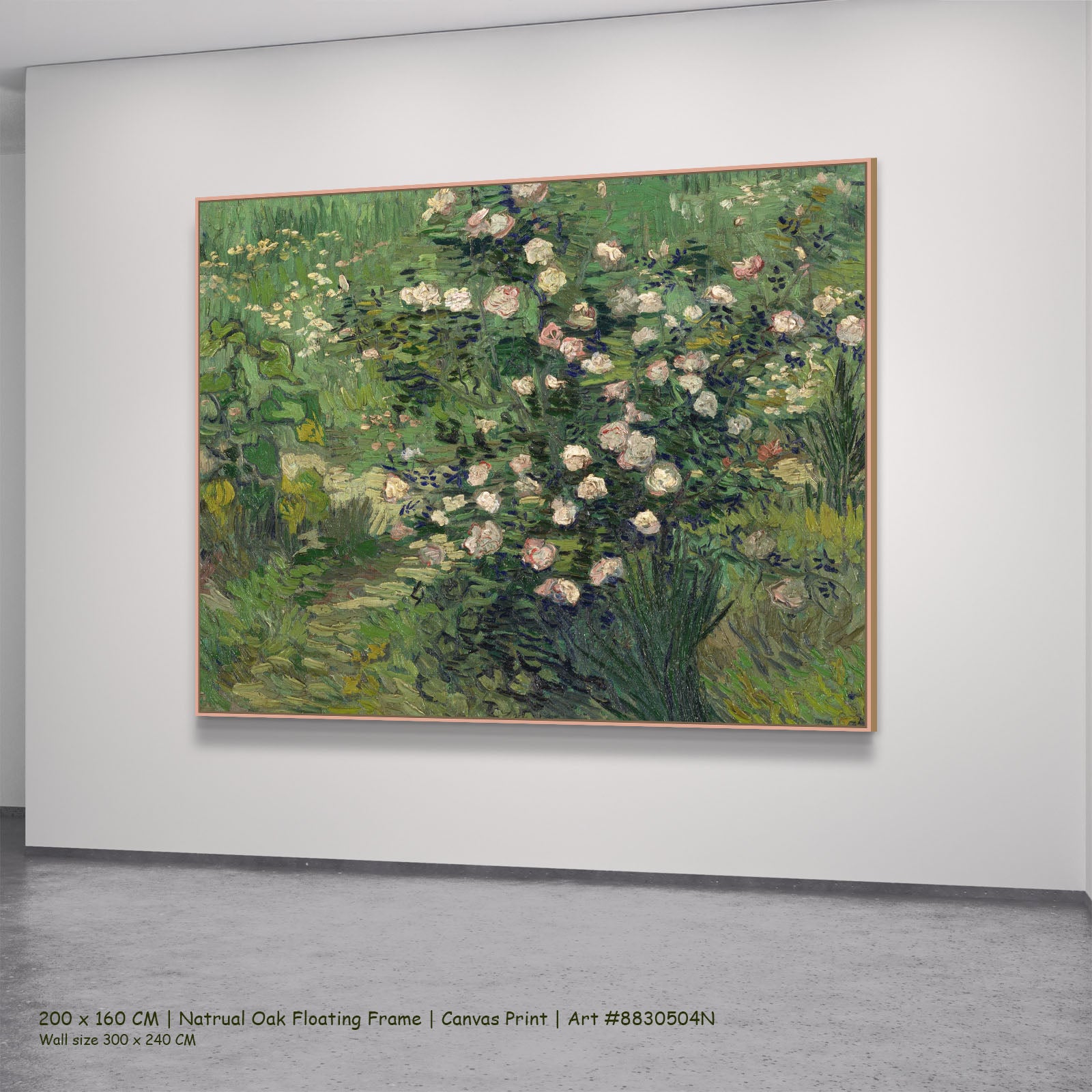 Roses by Vincent van Gogh in a natural oak floating frame, large green and pink Impressionist canvas