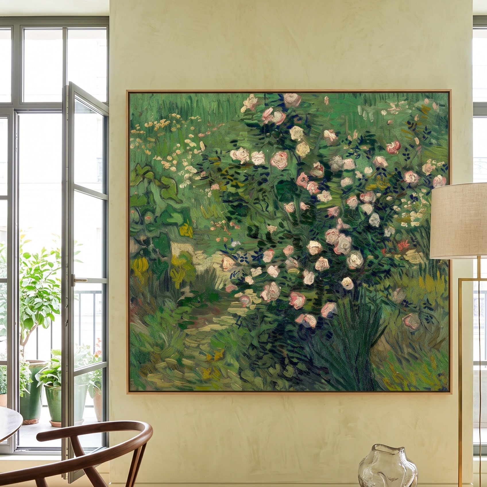 Roses by Vincent van Gogh — large green and pink Impressionist canvas art displayed on a wall