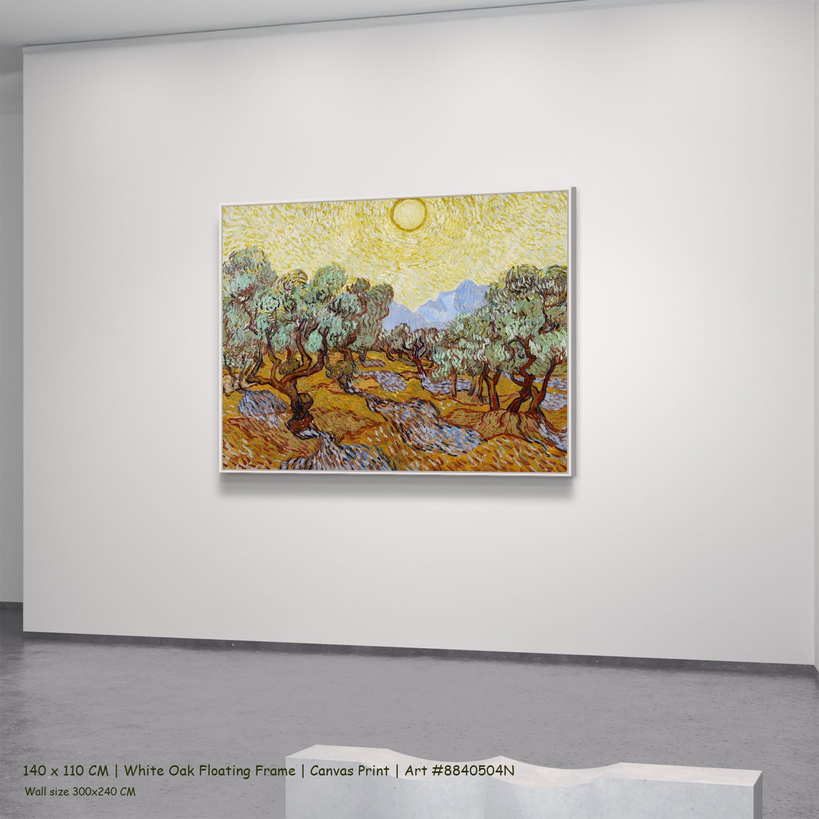 Olive Trees with Yellow Sky and by Vincent van Gogh in a white oak floating frame, large yellow and orange Impressionist canv