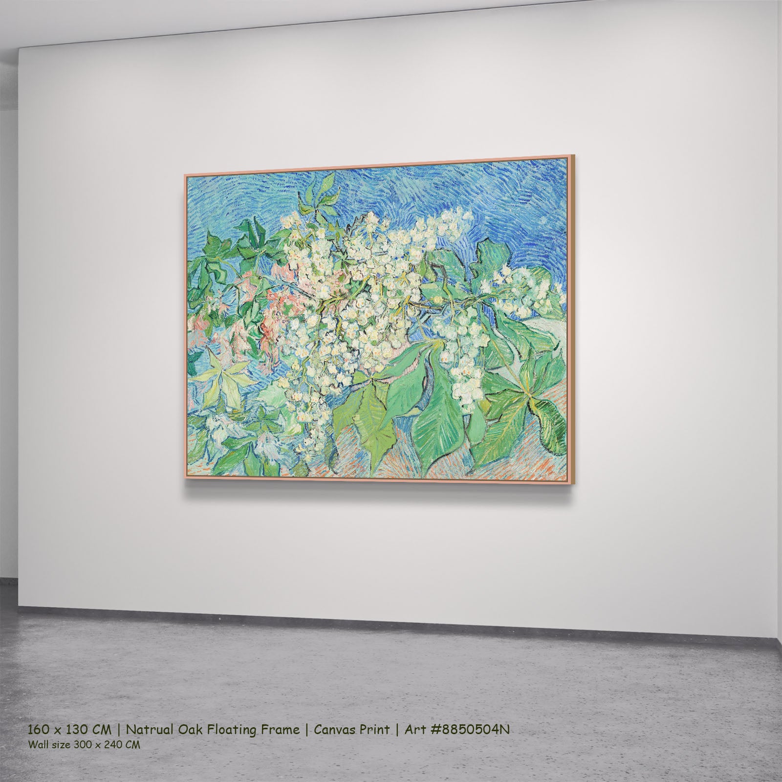Blossoming Chestnut Branches by Vincent van Gogh in a natural oak floating frame, large green and blue Impressionist canvas