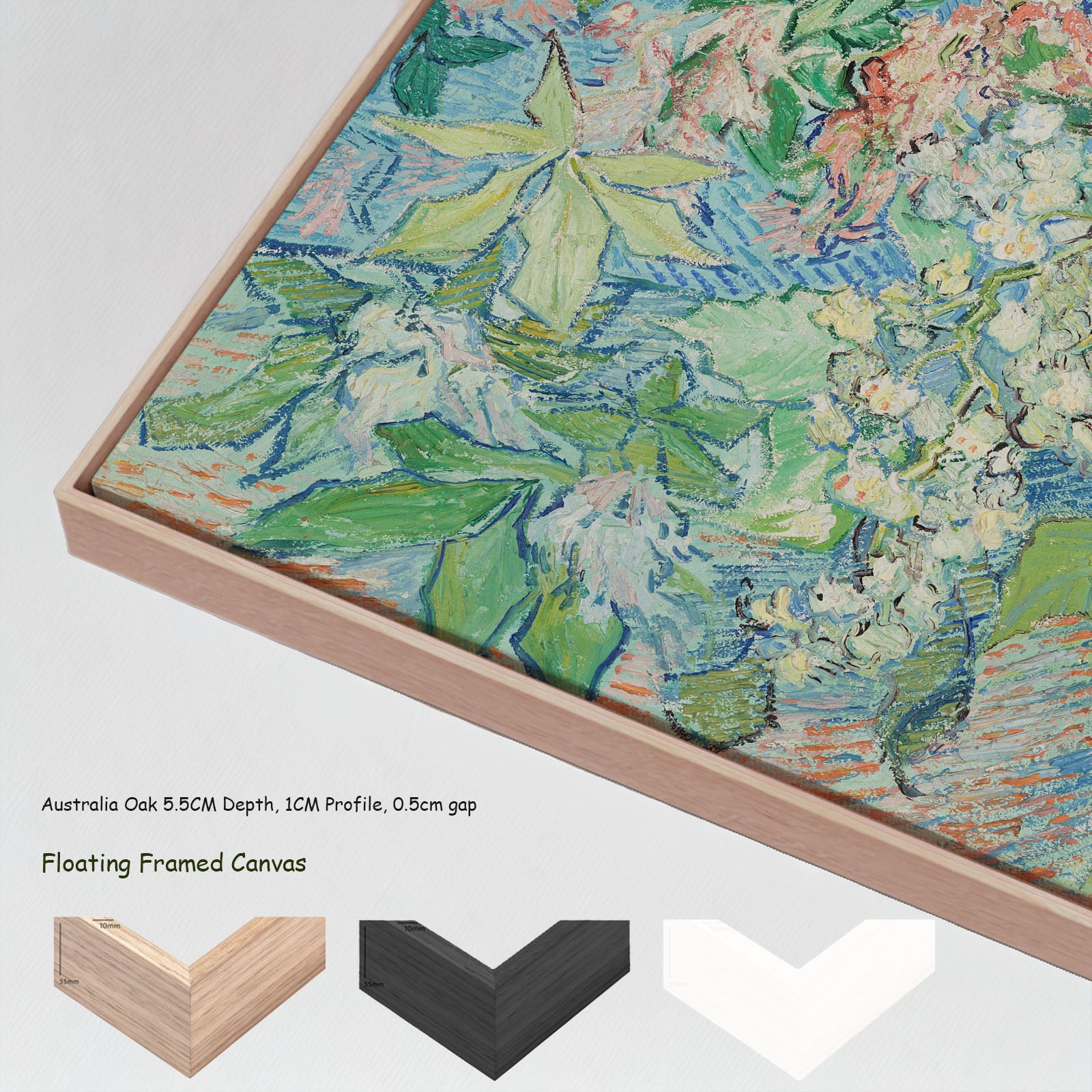Blossoming Chestnut Branches by Vincent van Gogh in a floating frame, large green and blue Impressionist canvas print