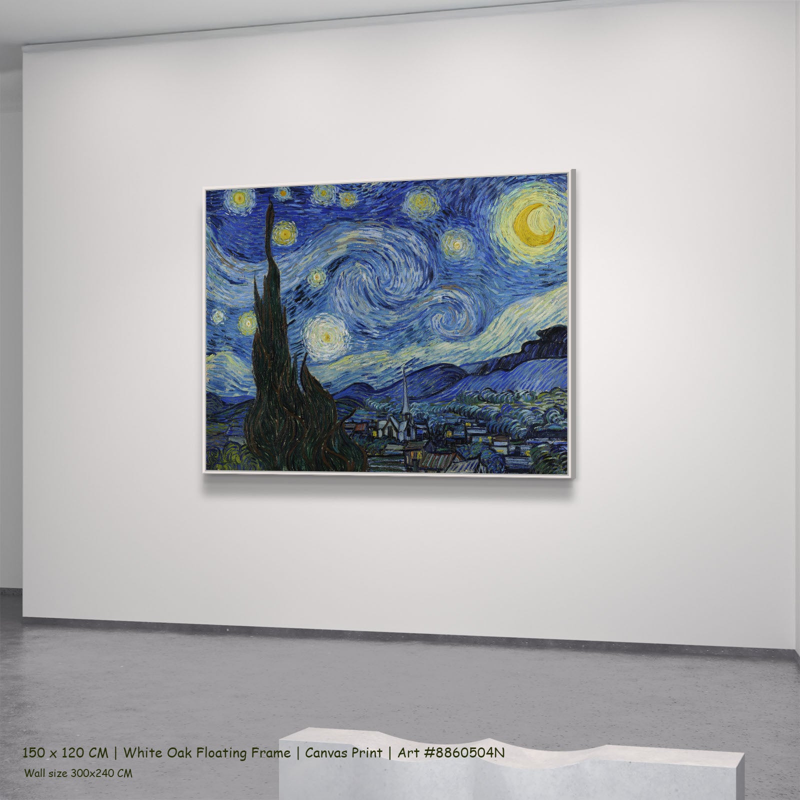 The Starry Night by Vincent van Gogh in a white oak floating frame, large blue and yellow Impressionist canvas
