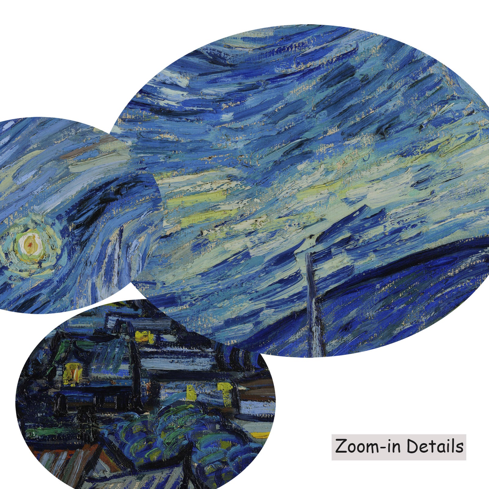 Close-up detail of the brushwork on The Starry Night, a large blue and yellow Impressionist canvas by Vincent van Gogh