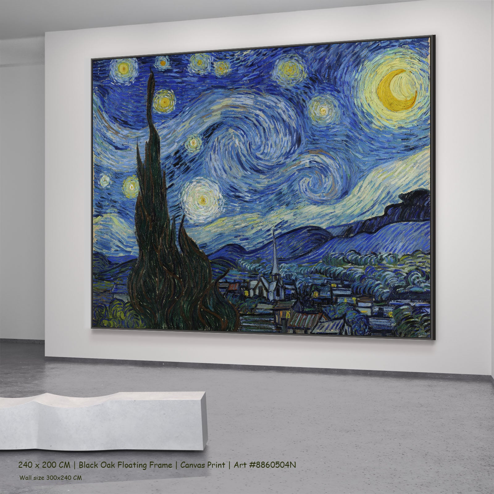 The Starry Night by Vincent van Gogh in a black oak floating frame, large blue and yellow Impressionist canvas