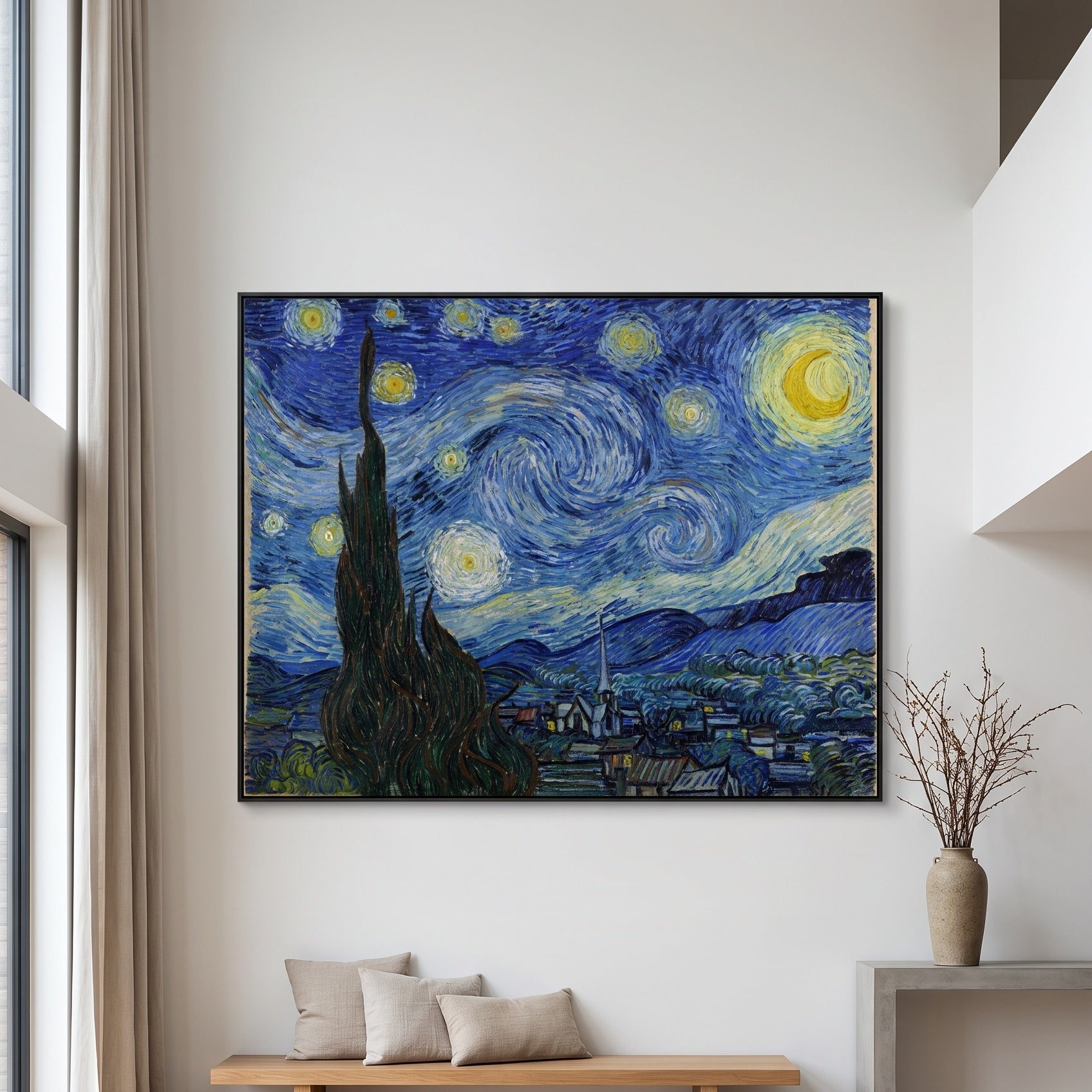 The Starry Night by Vincent van Gogh — large blue and yellow Impressionist canvas art on a hallway wall