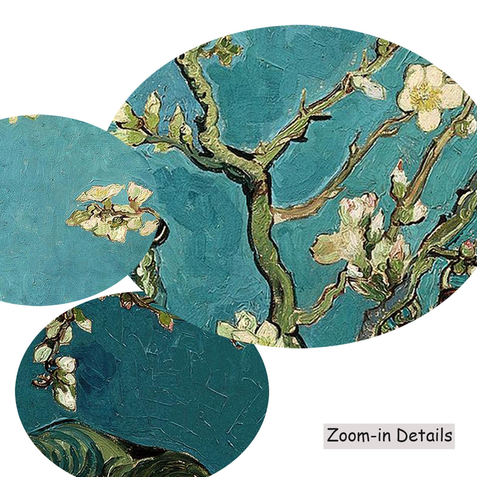 Close-up detail of the brushwork on Almond Blossom, a large aqua and white Impressionist canvas by Vincent van Gogh