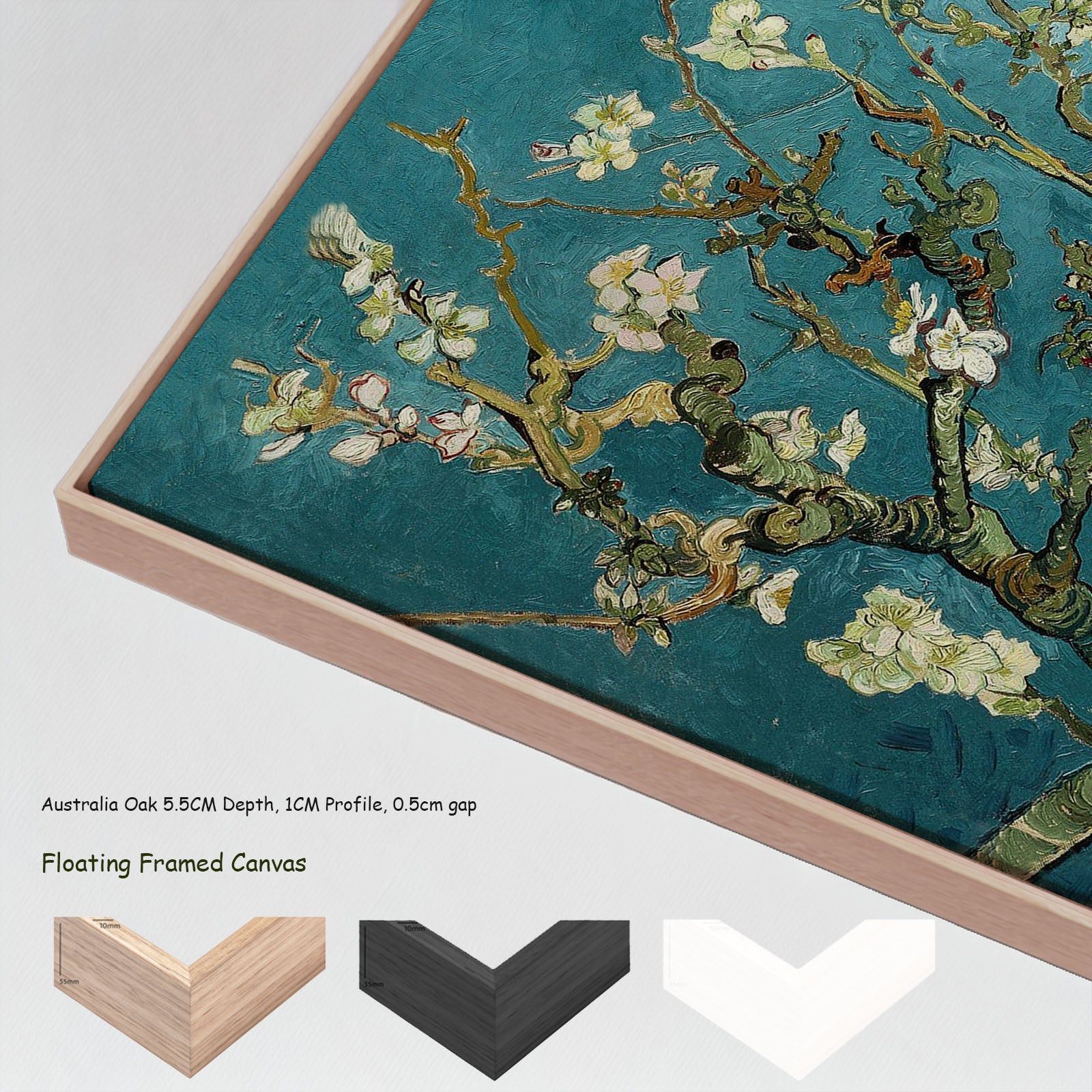 Almond Blossom by Vincent van Gogh in a floating frame, large aqua and white Impressionist canvas print