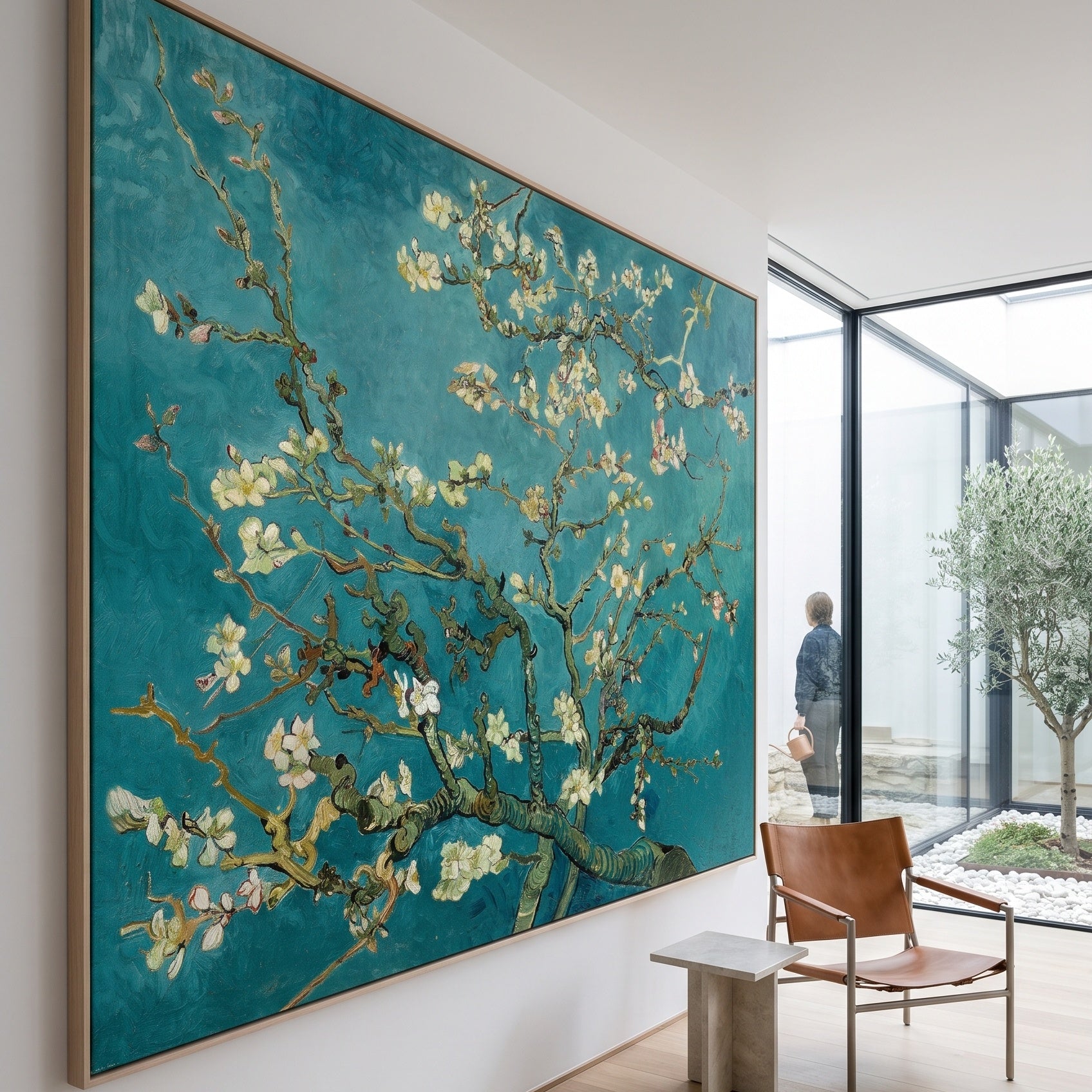 Almond Blossom by Vincent van Gogh — large aqua and white Impressionist canvas art on a entryway wall