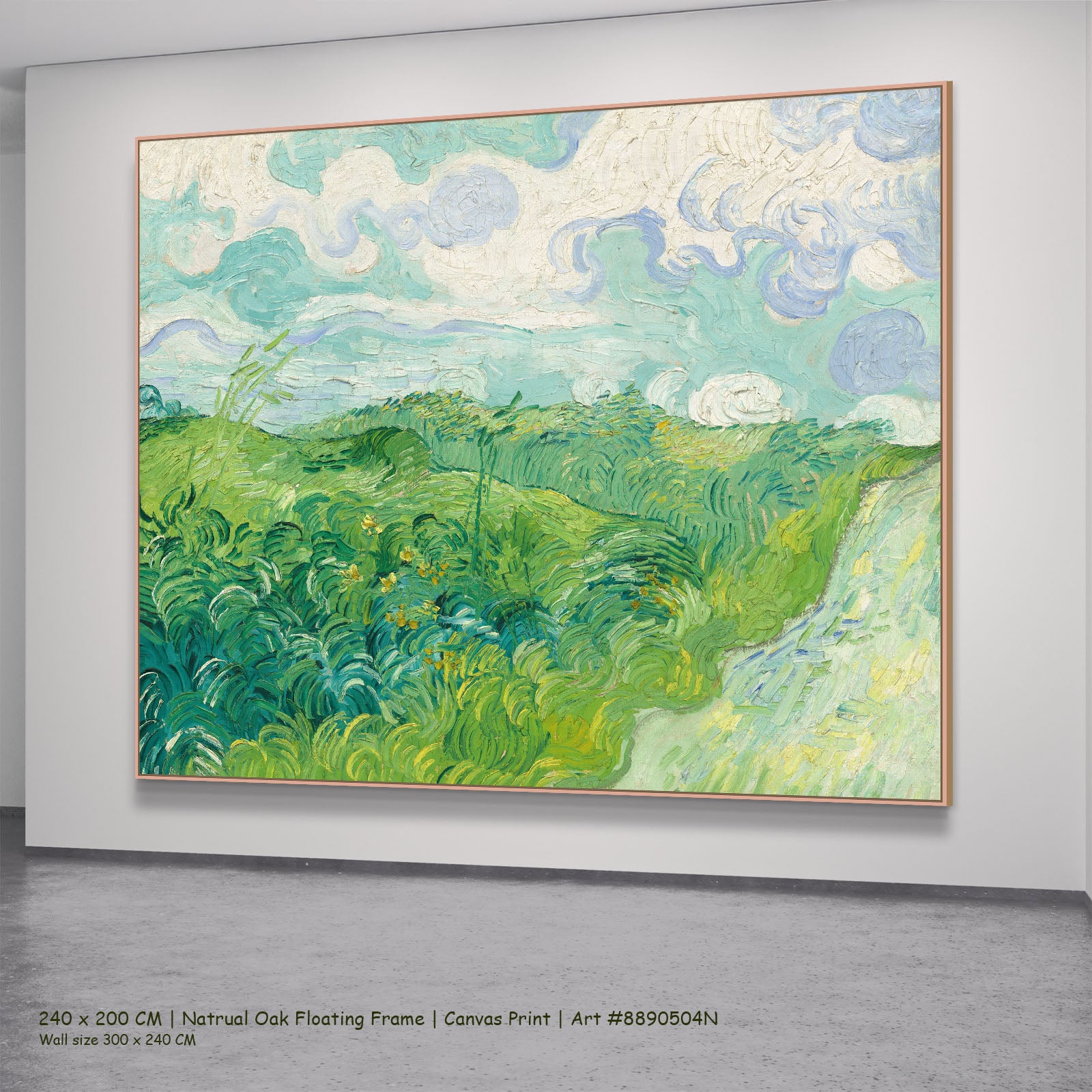 Green Wheat Fields, Auvers by Vincent van Gogh in a natural oak floating frame, large green and white Impressionist canvas