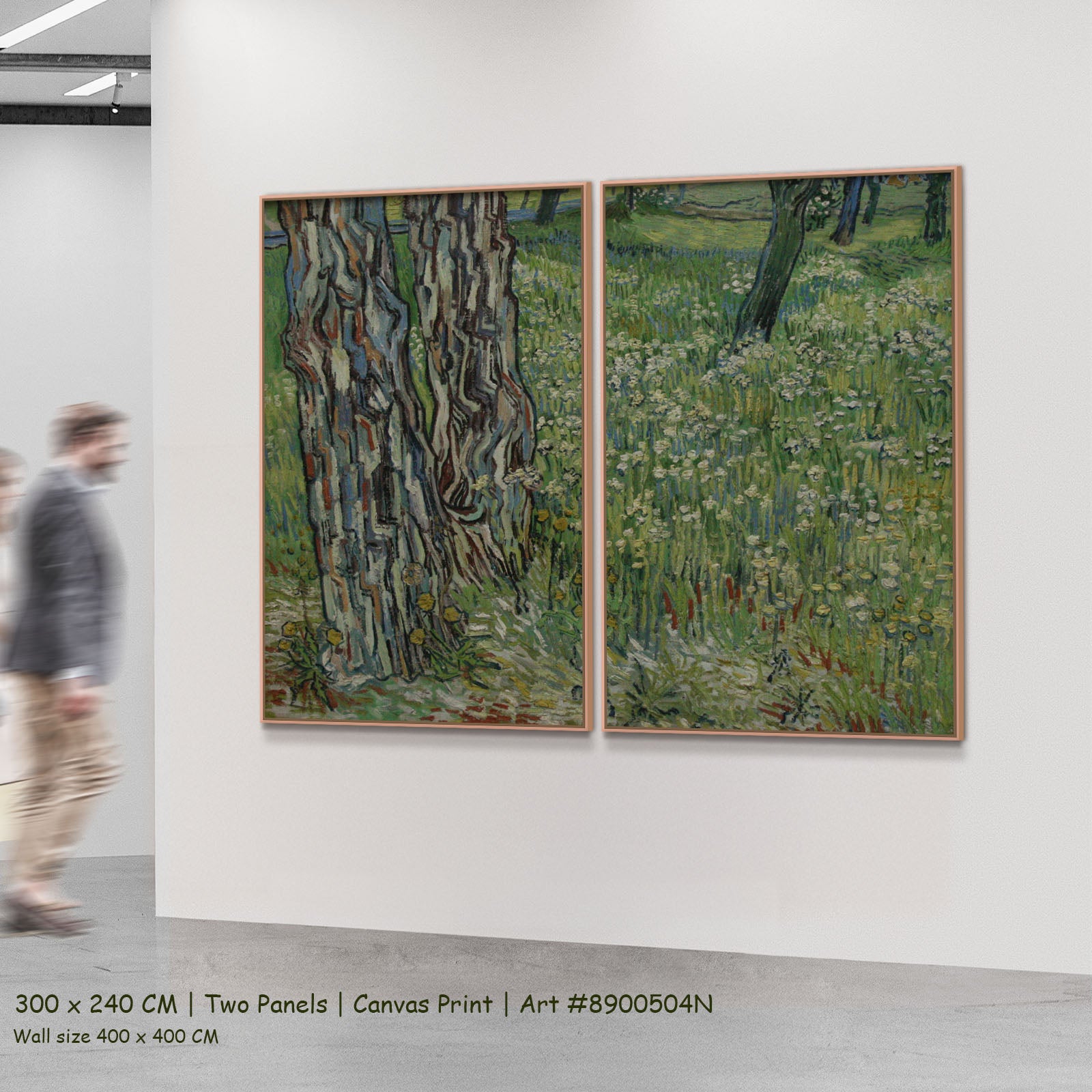 Tree Trunks in the Grass by Vincent van Gogh as a large two-panel green and grey Impressionist canvas set