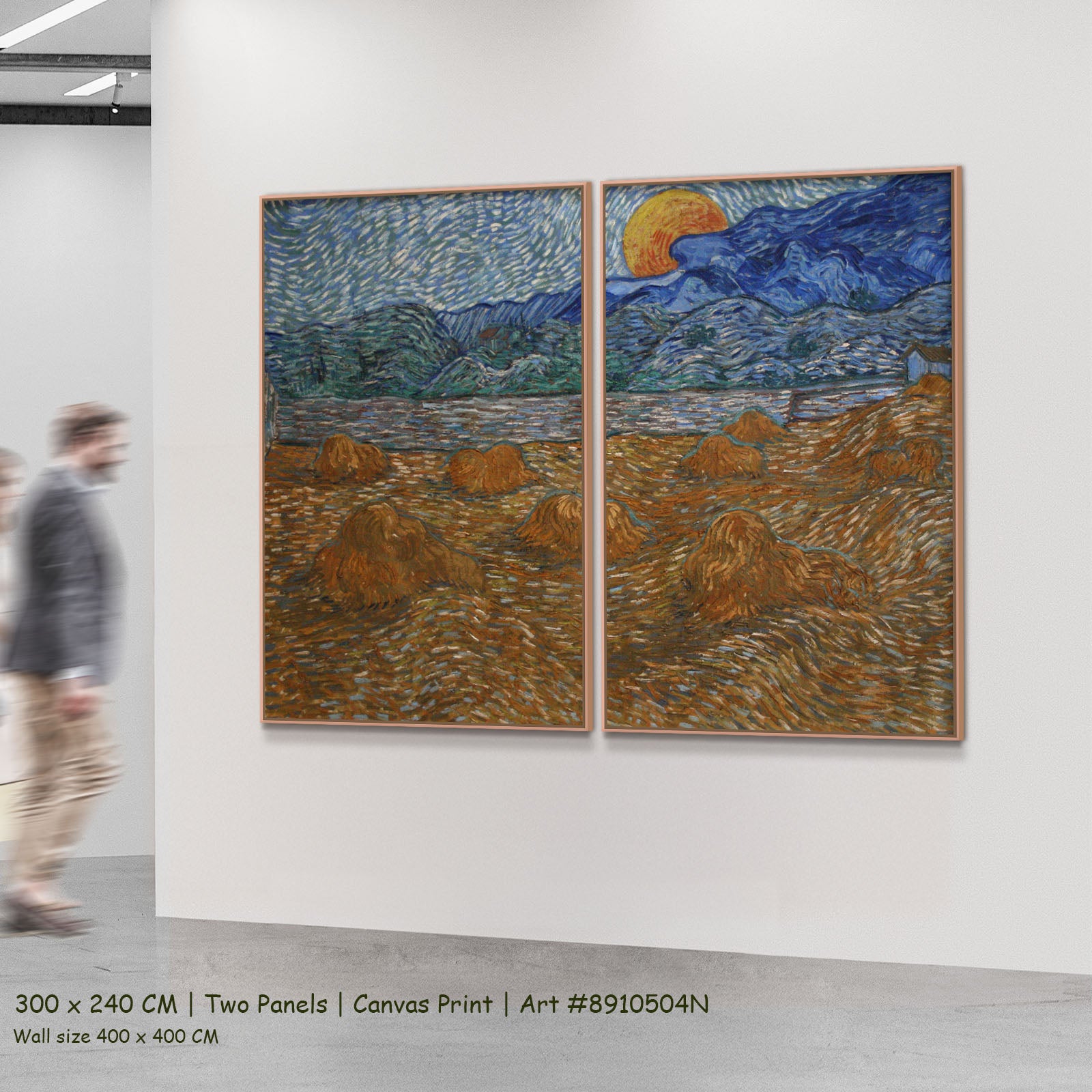 Landscape with Wheat Sheaves and Rising by Vincent van Gogh as a large two-panel blue and gold Impressionist canvas set