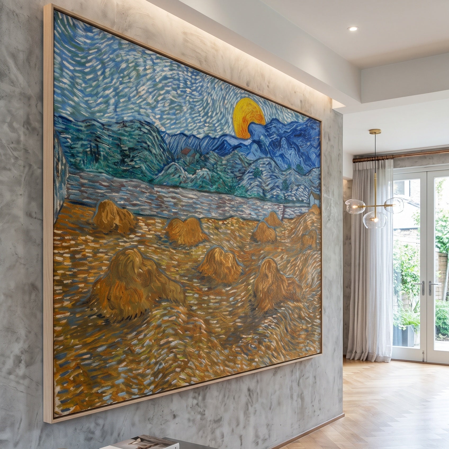 Landscape with Wheat Sheaves and Rising by Vincent van Gogh — large blue and gold Impressionist canvas art displayed on a wal